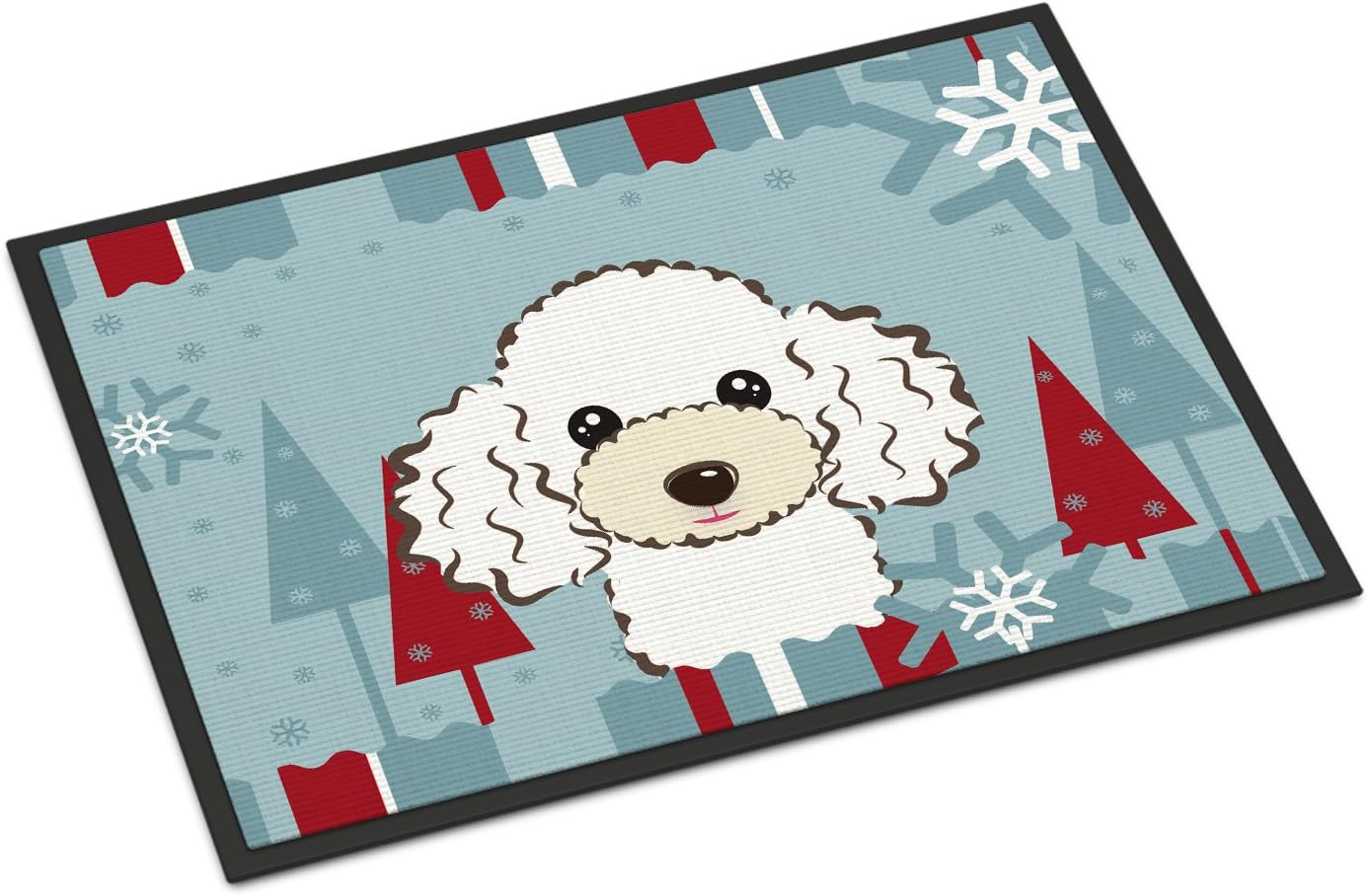 Caroline's Treasures BB1753MAT Winter Holiday White Poodle Doormat 18x27 Front Door Mat Indoor Outdoor Rugs for Entryway, Non Slip Washable Low Pile, 18H X 27W