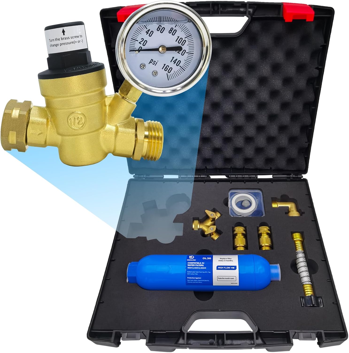 RV Water Pressure Regulator Kit, with Inline Water Filter, Lead-Free Brass Accessories, Leak Repair Kit, and All-in-One Suitcase, Complete Drinking Water Kit for RVs and Campers.
