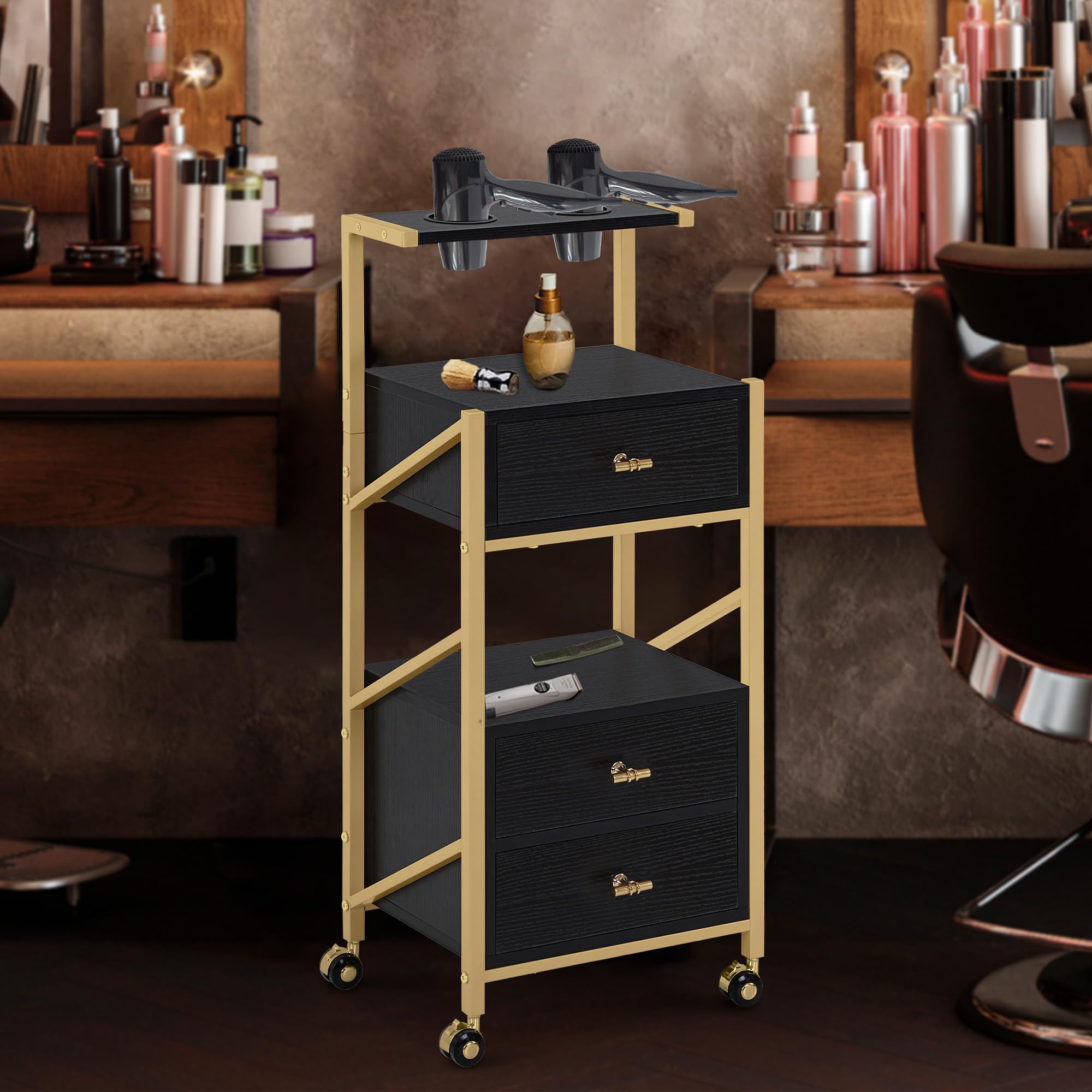 MCombo Chariot de coiffure 3 tiroirs noir doré 30x40x97 cm