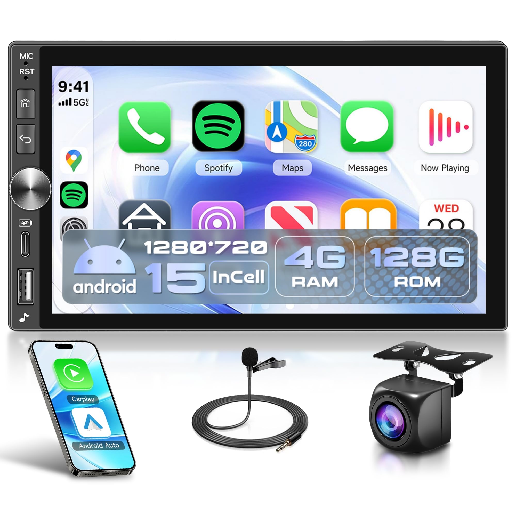 Rimoody Autoradio, 1 Din met scherm met Carplay Android auto, 7 inch HD touchscreen, autoradio, bluetooth, spiegellink, FM-radio, auto, EQ/AUX stuurbediening, achteruitrijcamera