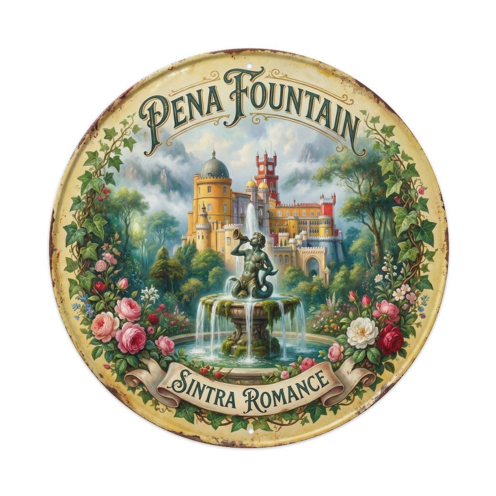 Vintage Travel Pena Fountain Sintra Romance Metal Tin Sign Plaque Wall Decor for Cafe, Club, Garden Round Metal Poster 8x8Inch