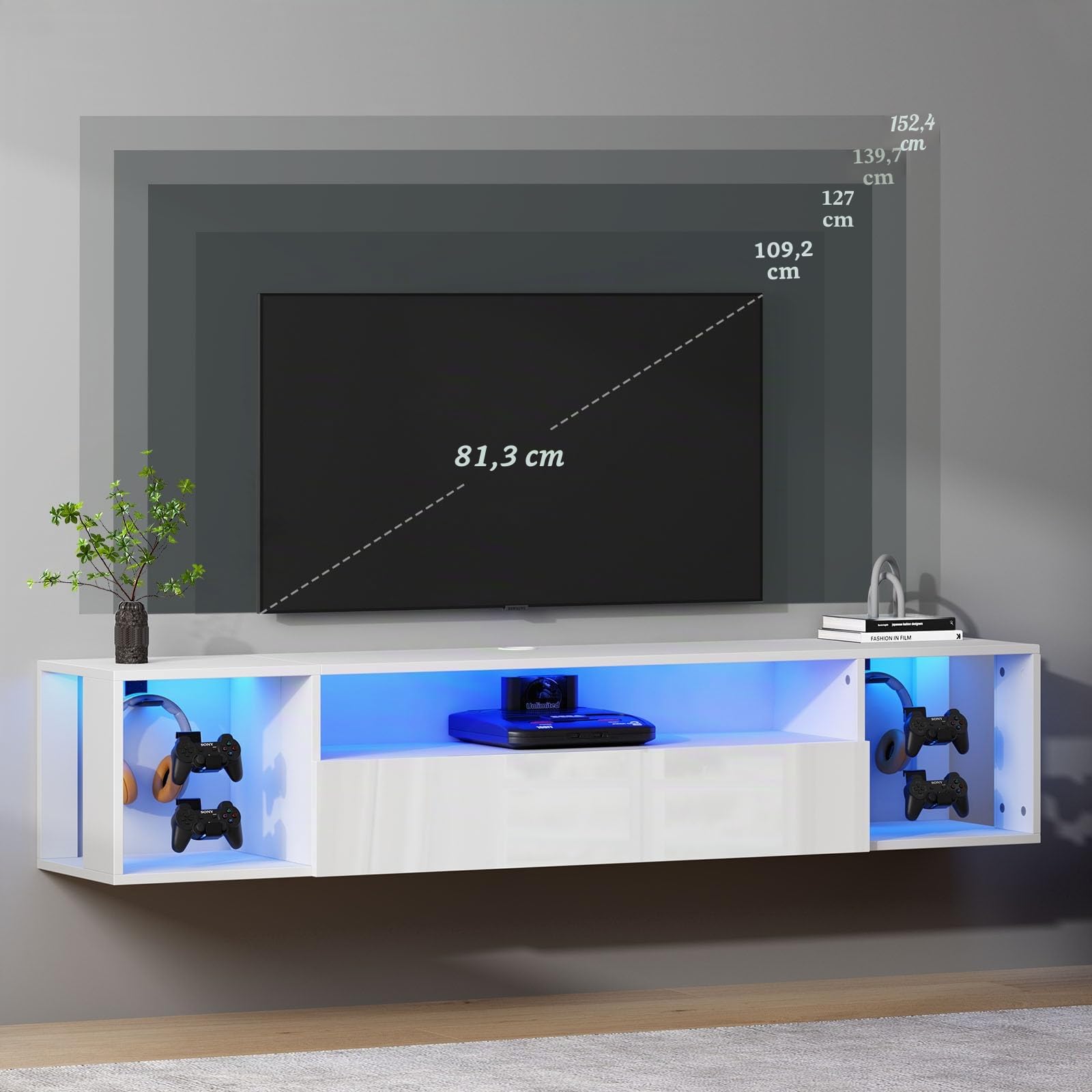 DlandHome - Mueble de TV flotante con luces LED, 140 cm, soporte para TV colgante brillante con almacenamiento estante, banco de TV, pared flotante, consola multimedia con ganchos para mandos y gancho