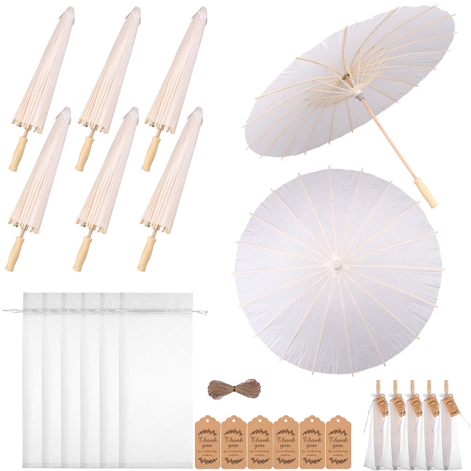 Kklolai 60cm Wedding Paper Parasol Umbrellas Set Thank You Cards White Drawstring Bag Favors Chinese Japanese Umbrella DIY Oiled Paper Painting Parasol for Photography Props Bridal Decor