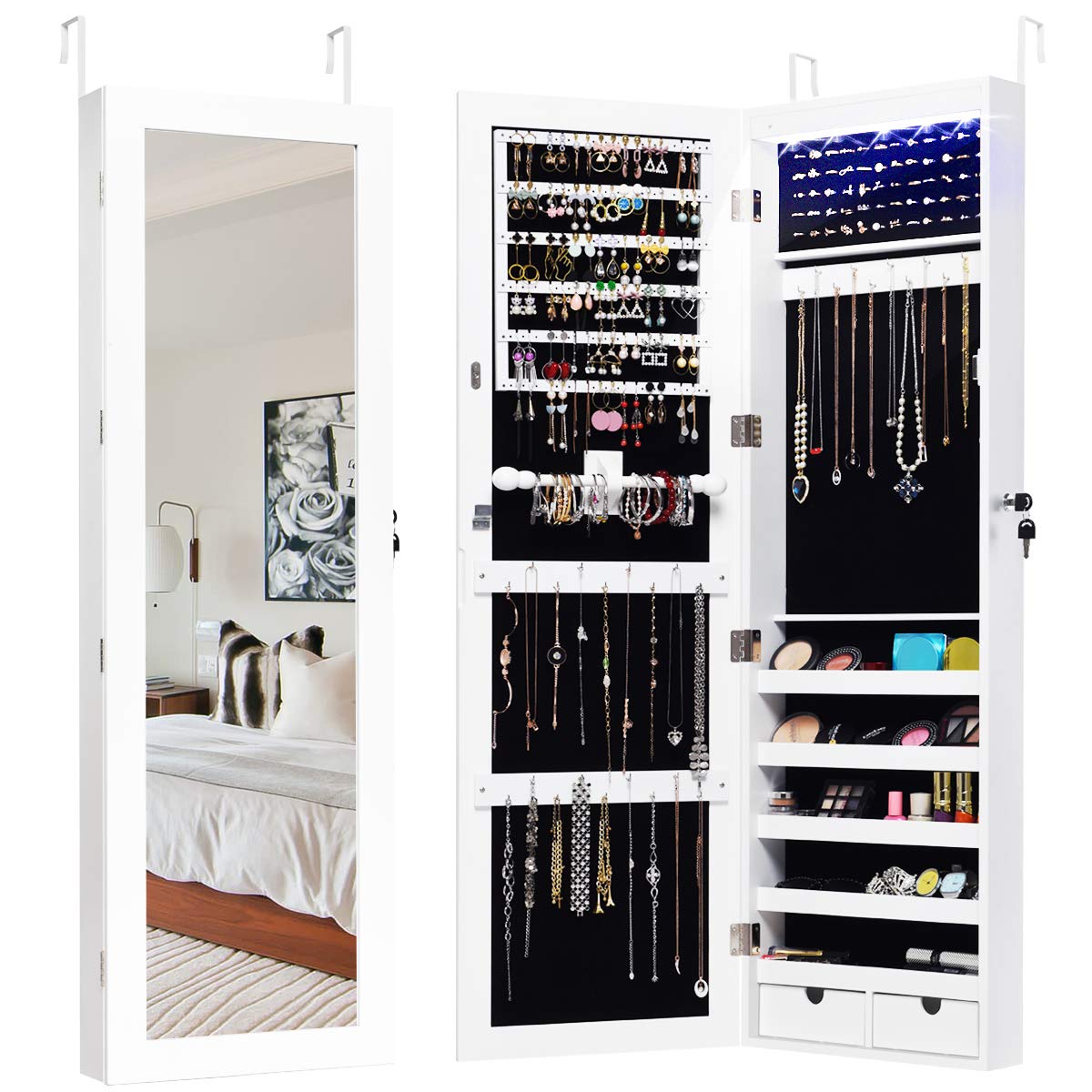 COSTWAY Schmuckschrank mit 15 LED Leuchten, Spiegelschrank mit Tür- und Wandmontage, Schmuckkasten mit Ganzkörperspiegel, Schmuckregal für Ringe, Kettenhaken und Ohrringe, inkl.2 Schlüssel (Beige)