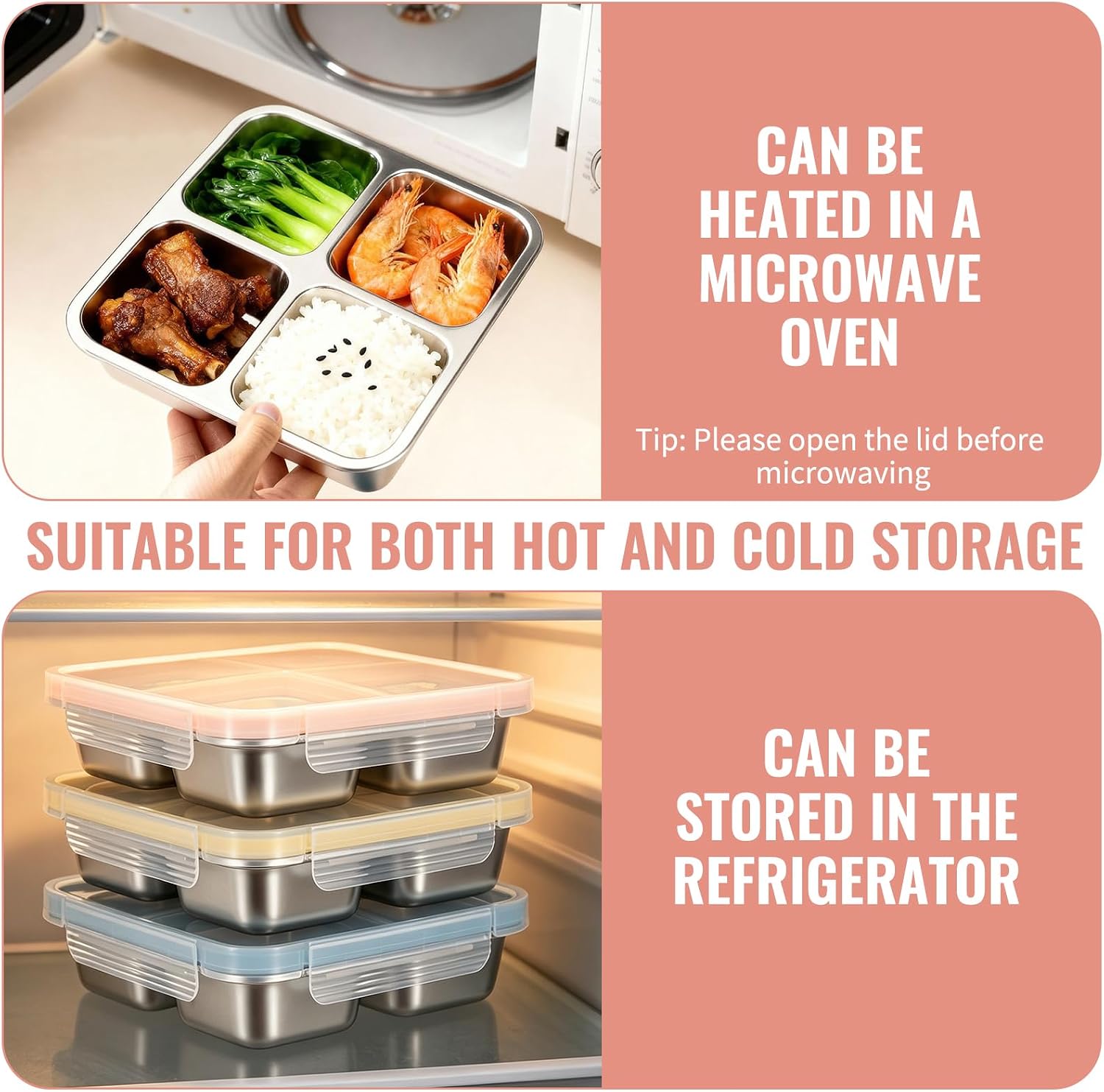 6 Pack Stainless Steel Snack Containers with Lids, 4-Compartment Reusable Leakproof Bento Snack Boxes, Stackable Food Storage Containers for Travel, Camping & Meal Prep
