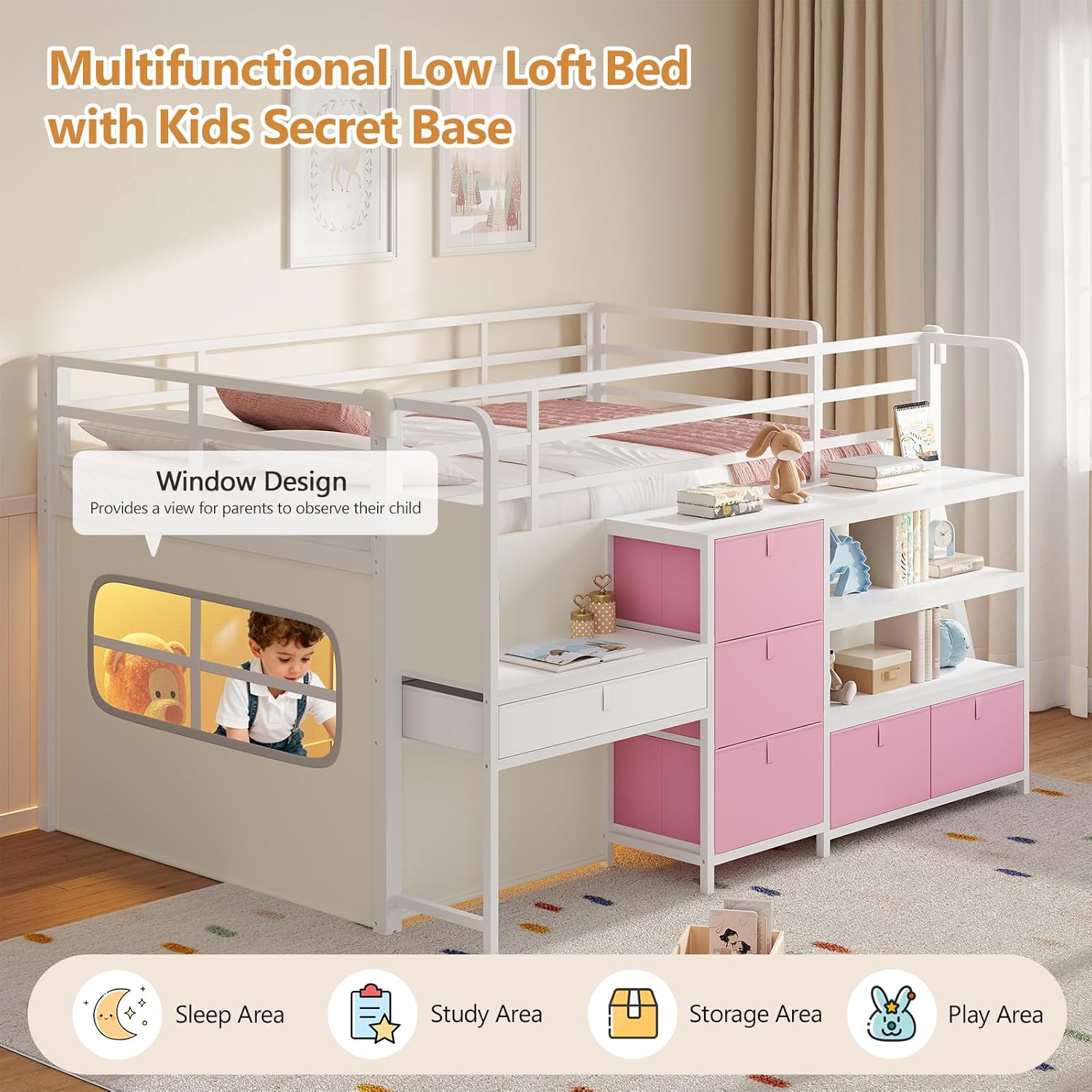 DICTAC Low Loft Bed with Desk and 6 Storage Drawers Twin Loft Bed with Bookshelf,LED Lights & Under-Bed Play Space,Kids Twin Beds with 13.8''H Safety Guardrail,Inclined Ladder&Play Curtain,Pink+White Pink+white Twin