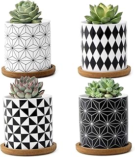 FairyLavie Vasi per Piante Piccoli in Ceramica 7 cm, Vaso Piante Grasse in Motivo Geometria Fioriera Vaso da Fiori con Vassoio in Bambù, Perfetto per Arredamento Ufficio Casa, Set di 4