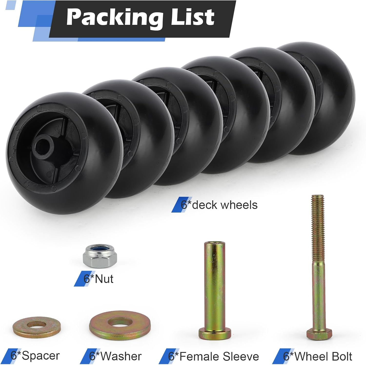 6-Pack Lawn Mower Anti-Scalp Deck Wheel Kit Fit for Bad Boy 022-5234-98 Exmark 103-3168 103-4051 103-7263 and Kubota 68-2730. Fits 5/8” bore wheels Includes hardware for Exmark Toro and more