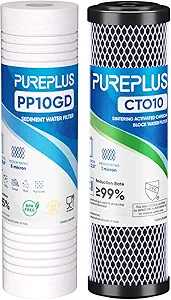 PUREPLUS 10" x 2.5" RV Water Filter Replacement Combo Pack - 1 Micron CTO Carbon Block + 5 Micron Upgraded Grooved Sediment Filters, 2 Pack for RV, Camper, Boat