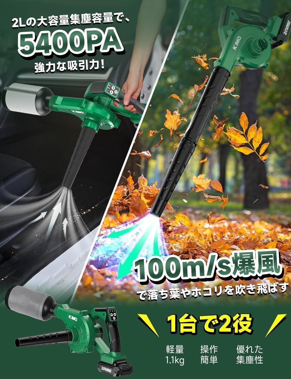 KIMO QM-6304 Cordless Blower configured for vacuuming, collecting debris into the dust bag.