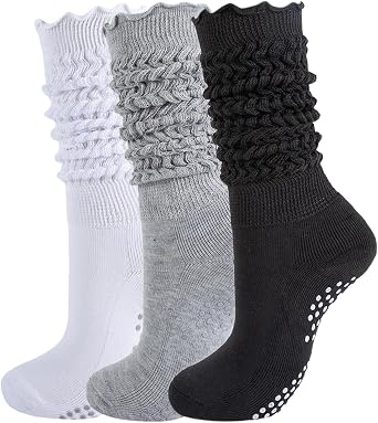 3 Pairs Women Pilates Grip Ruffle Socks Yoga Grippy Long Slouch Sock Knee High Non Slip Workout Barre Hospital Socks