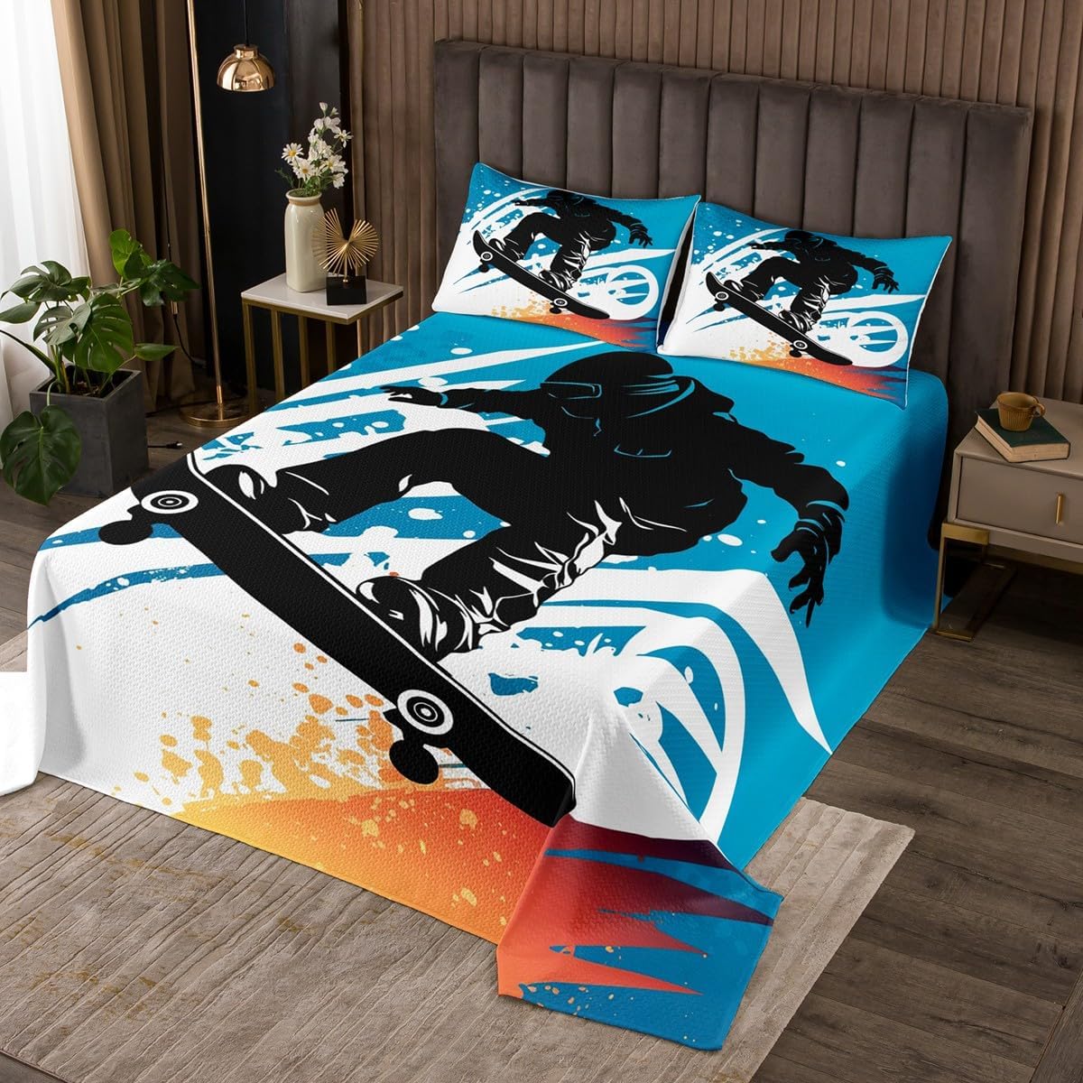 Erosebridal Skateboarder Quilt Set Twin Size for Boys Girls,Hippie Graffiti Skateboard Coverlet Set for Teens Adults,Sports Game Bedspread Set,Skater Lover Bed Cover