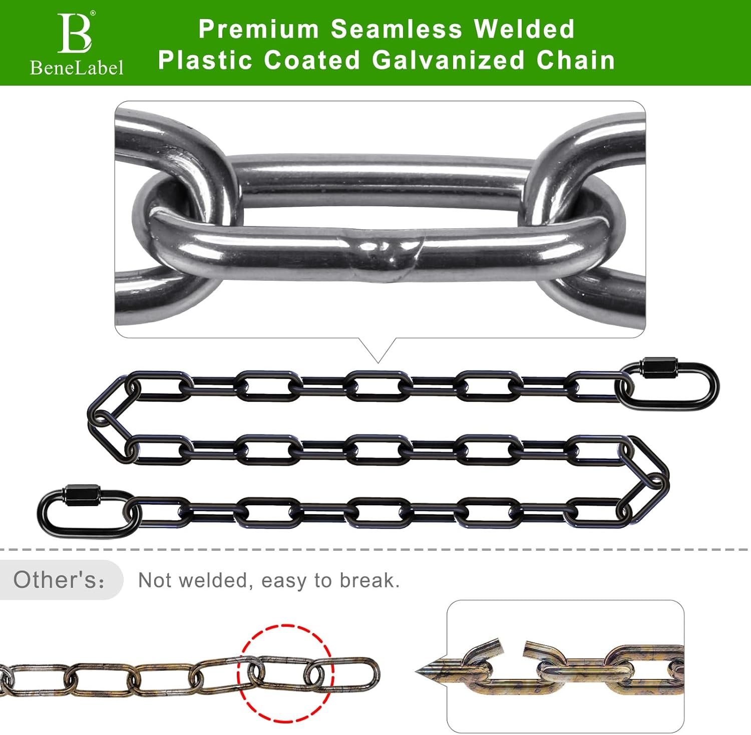 BeneLabel 2Pcs 85" Heavy Duty Swing Chain with Hooks 1000 LBs Capacity Hanging Chains Porch Swing Chains and Carabiners Black Chain for Hammock Chairs, Hanging Chair, Tree Swing, Punching Bags