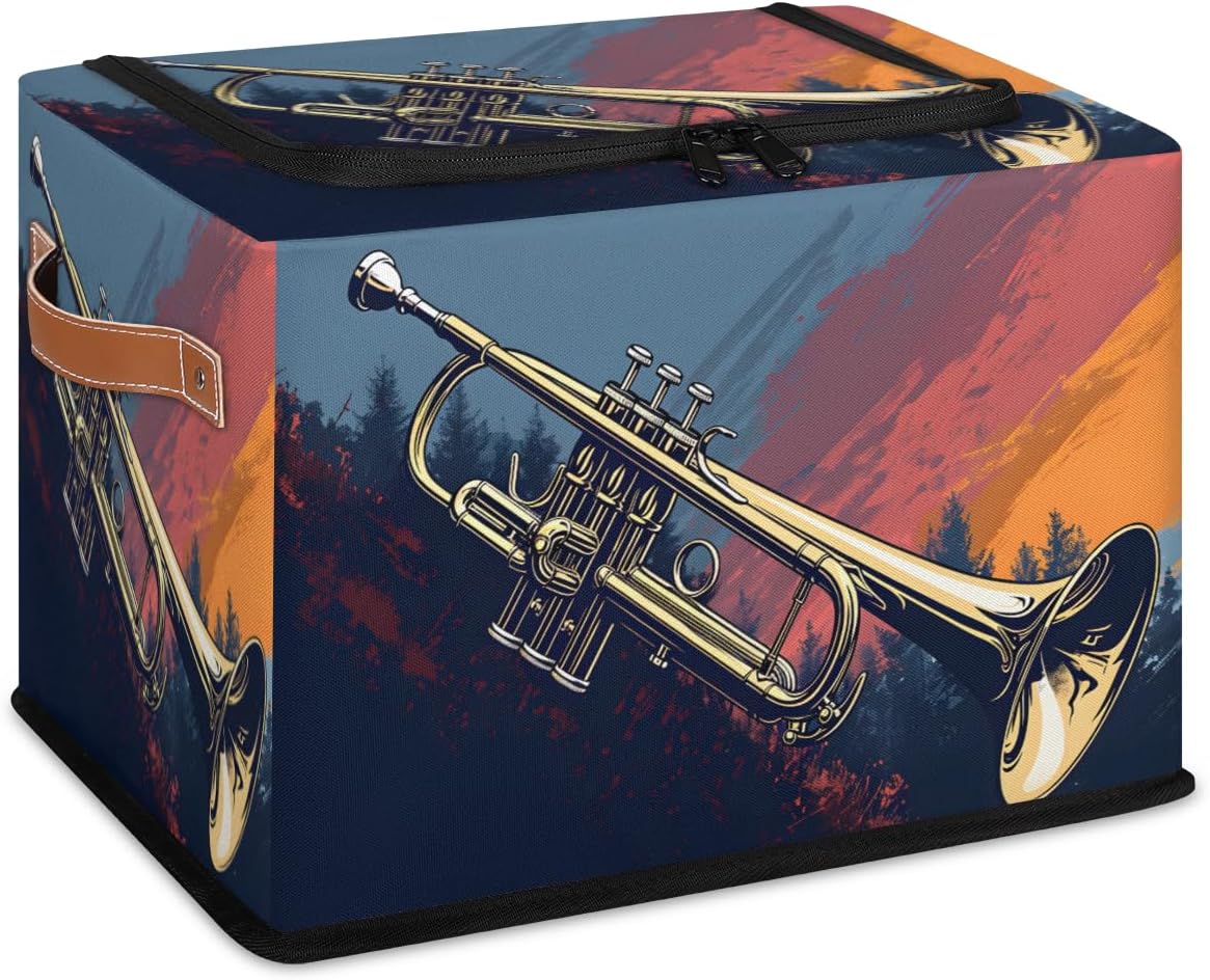 Trumpet Storage Box with Lid Music Collapsible Storage Bins Baskets Cubes Closet Shelf Clothes Organizer Containers with PU Leather Handles