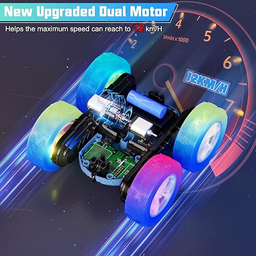 Miniatura 4 de Coche de control remoto de 82.4 F, auto de juguete de acrobacias de 2.4 Ghz con faros, luces de rueda, rotación de 360 , autos RC de doble cara,