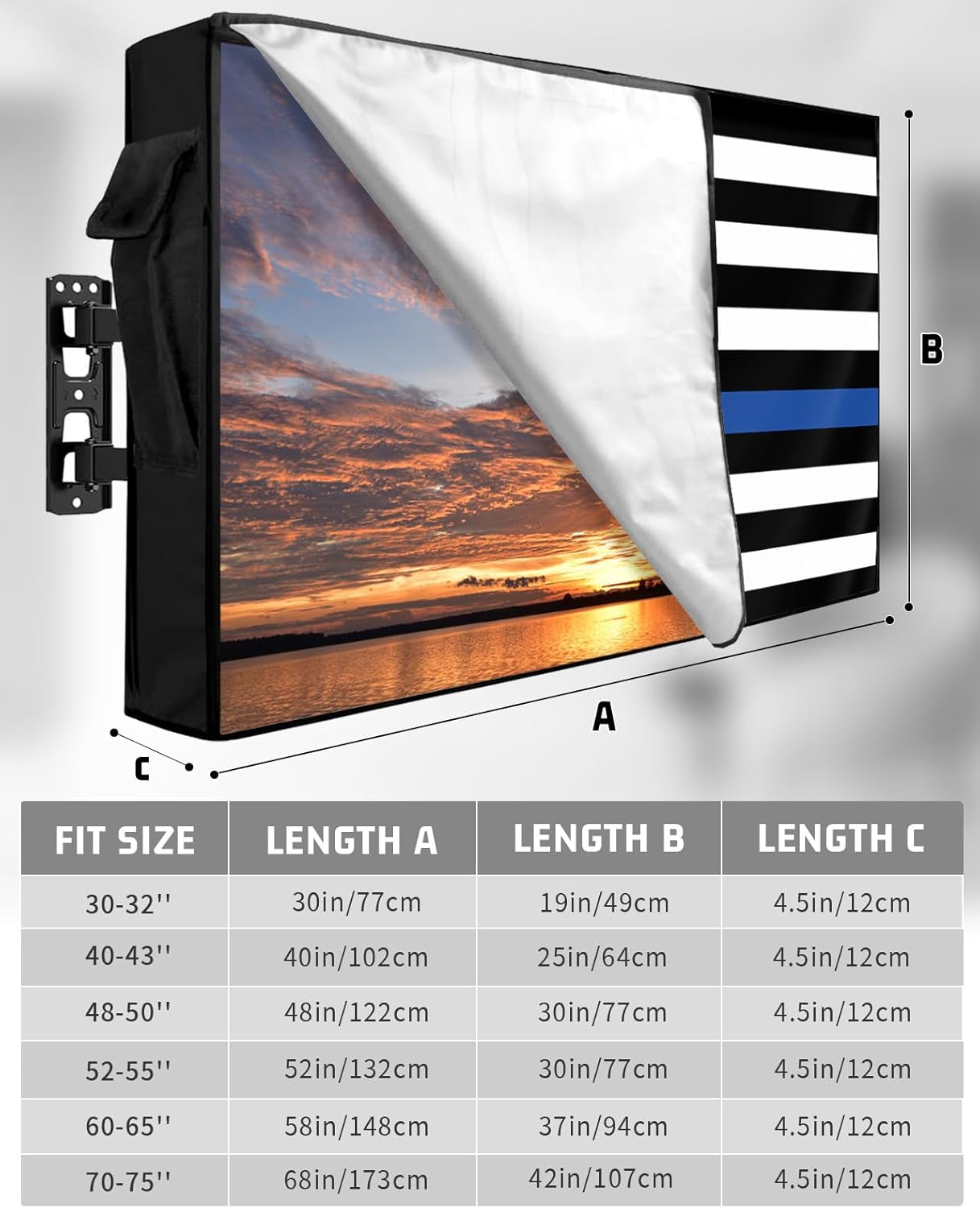 American Flag Outdoor TV Cover 52 to 55 Inch Weatherproof, US Flag 600D Oxford TV Covers with Waterproof Zipper, Blue Black Stripes Outside Flat TV Screen Protector Size 52" W x 19" H x 4.5" D