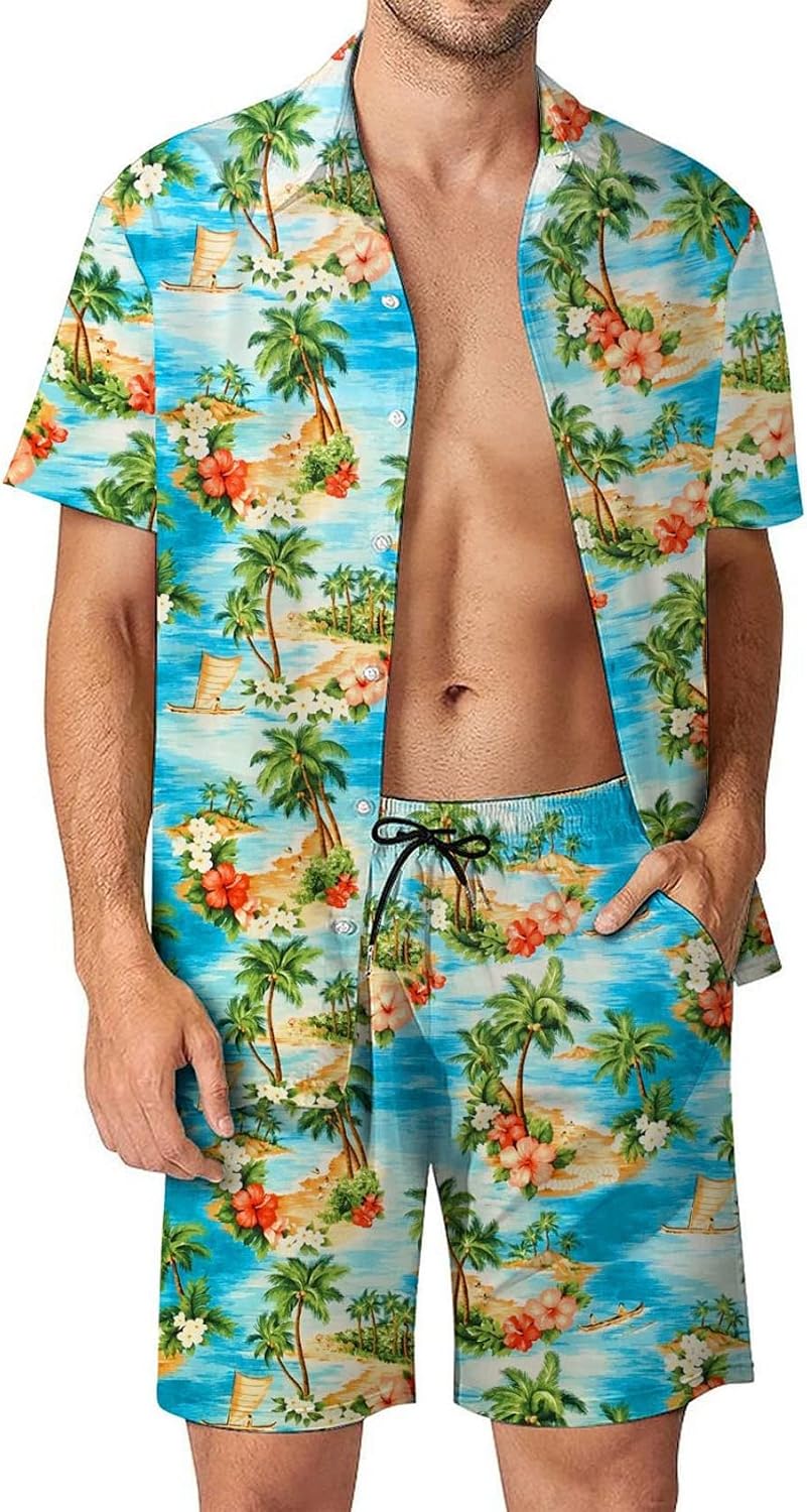 Flygo Men's 2 Piece Hawaiian Shirts and Shorts Set 80s 90s Outfit Summer Beach Suit
