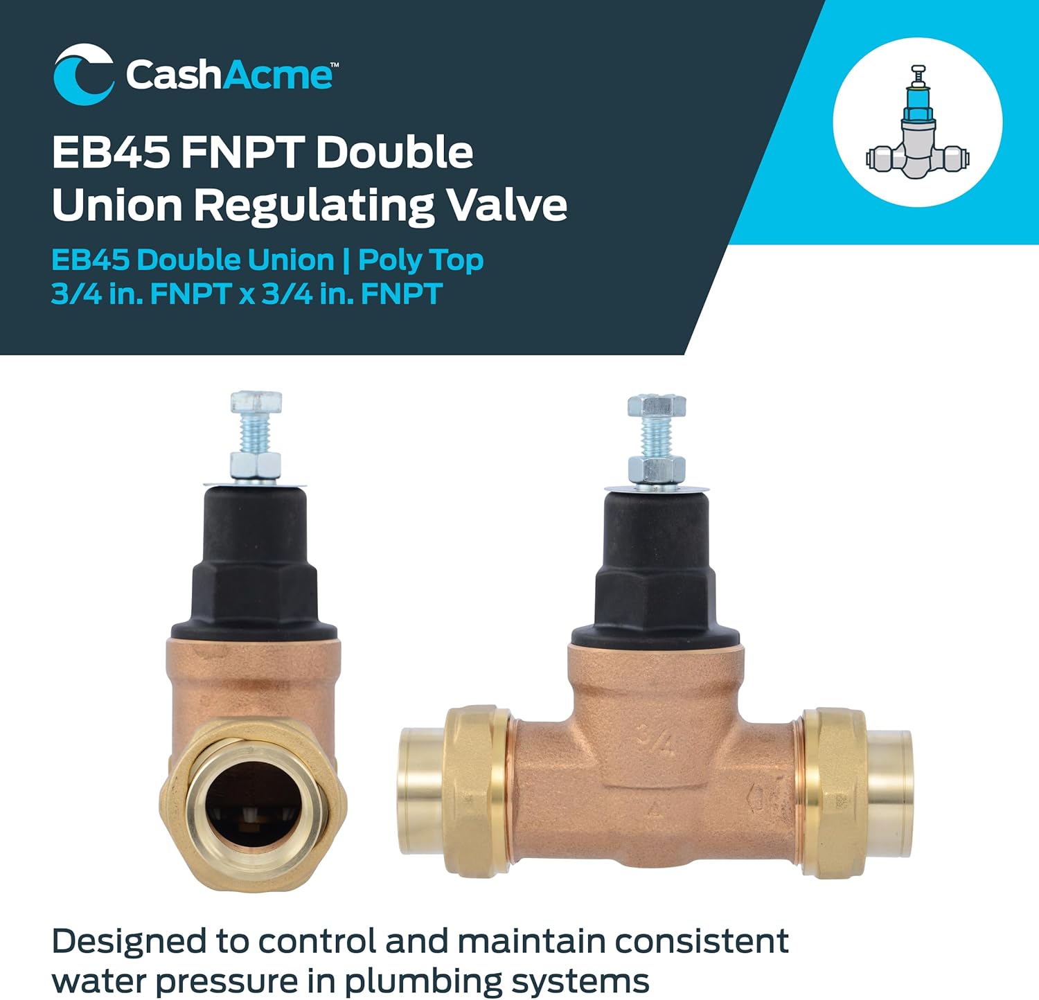 Cash Acme EB45 Pressure Regulating Valve, Double Union, 3/4 Inch NPT Female, Poly Top, 60 PSI, PVA16P-DUTH-60, Brass