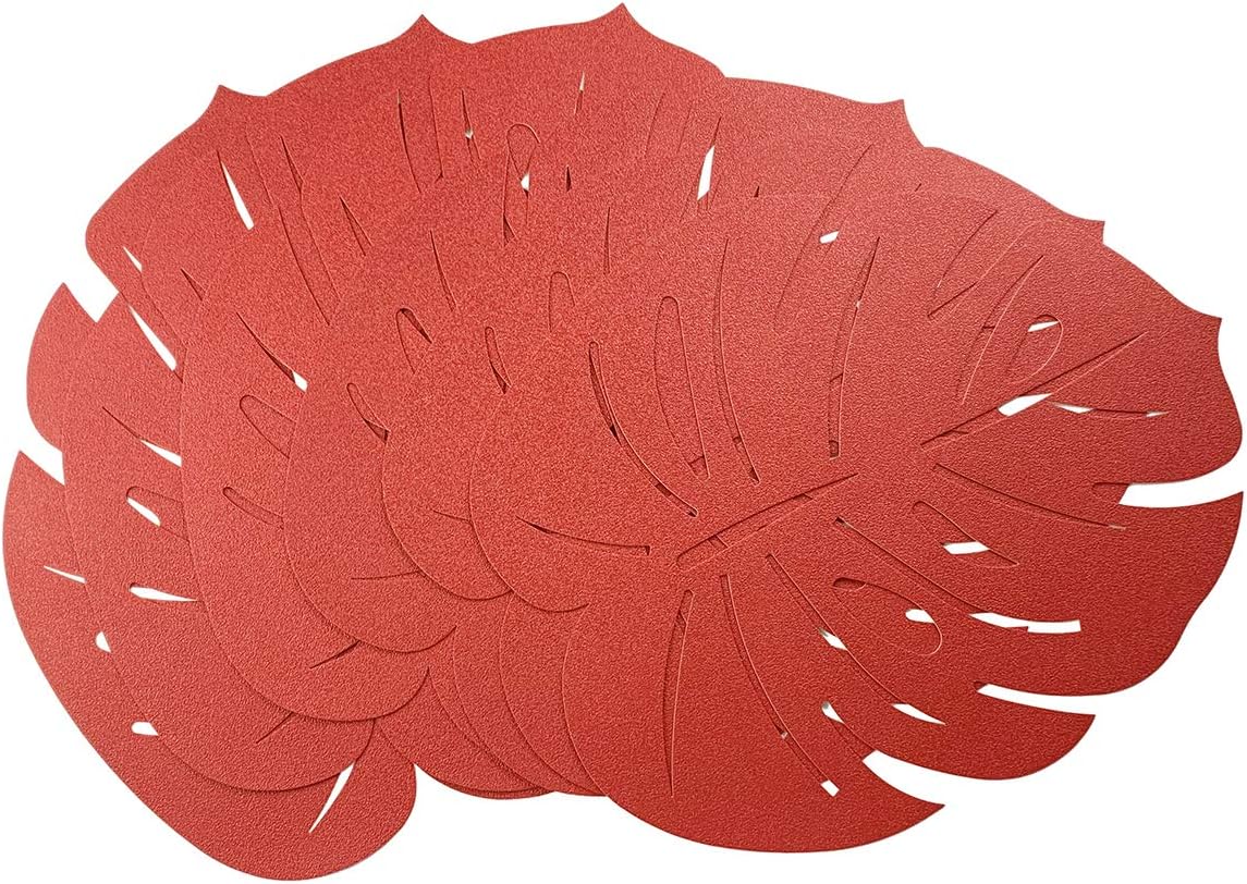 JASHII Pressed Vinyl Metallic Placemats Insulation Placemat Table Mats, PU Leather Stain Set of 6, Wedding Accent Centerpiece Leaf Shape (Red)