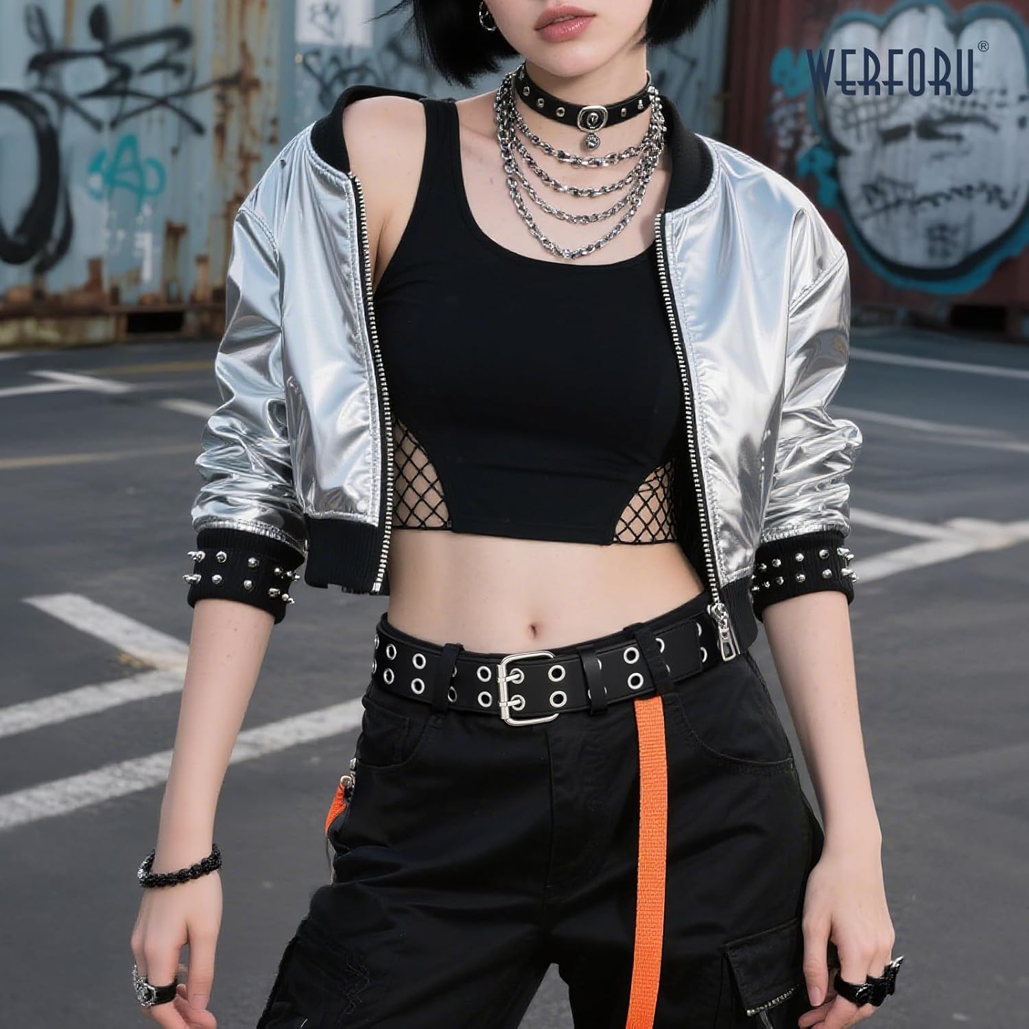 WERFORU Double Grommet Belt PU Leather Punk Belt for Women Men Jeans 2 Hole Belts 1.5 Wide - Image 2