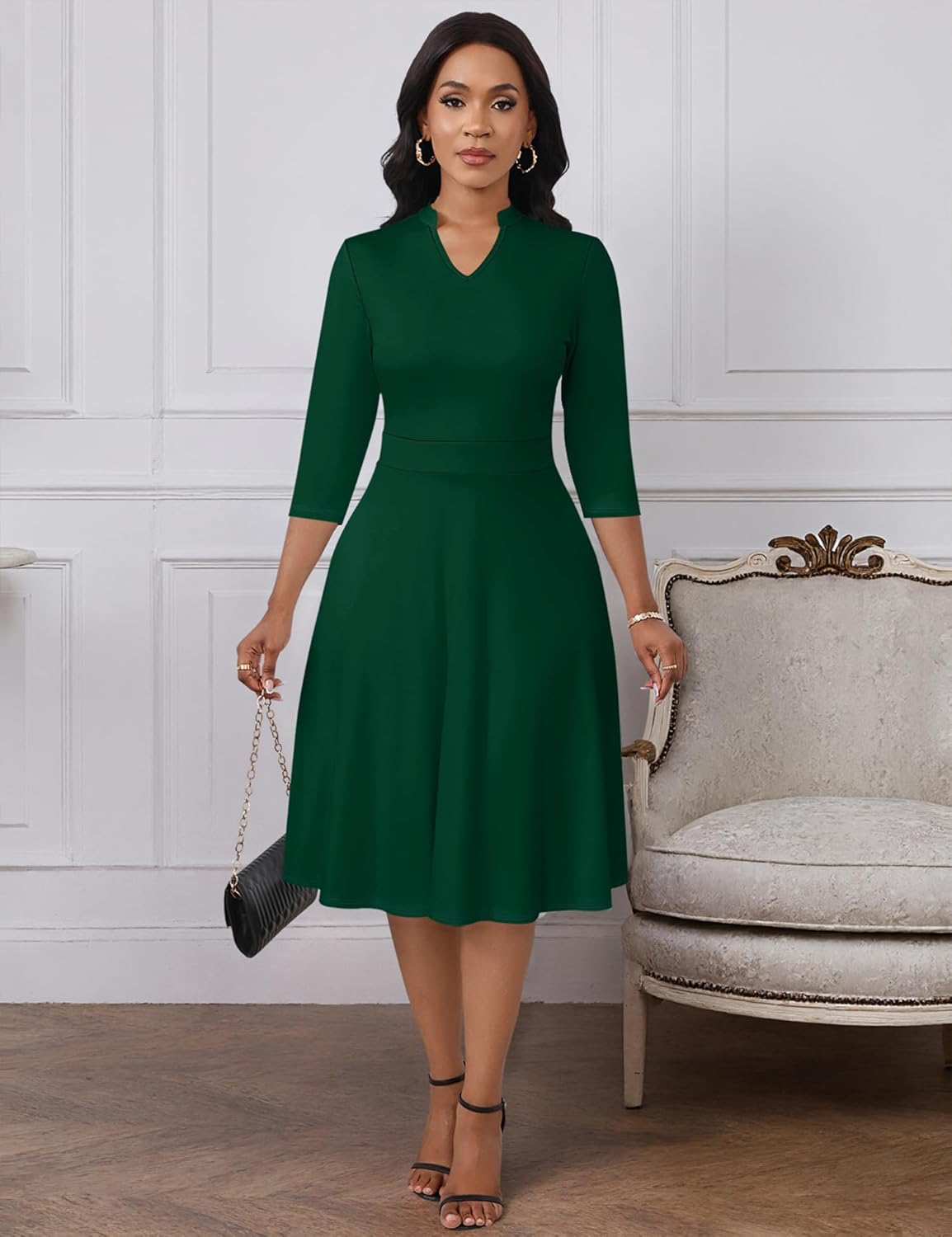 PinkPatty Women's Casual A-line Midi Dresses 3/4 Sleeve V Neck Fit and Flare Dress with Pockets - Image 4