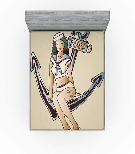 Miniatura 151 de Ambesonne - Sábana bajera ajustable multicolor, en colores y tres tamaños Azul y gris,Verde Militar Sage Green,Ámbar beige,Negro Grey White,Azul