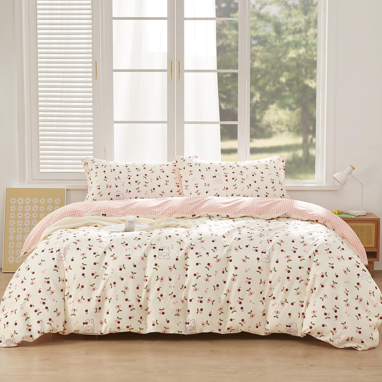 SAPHREAS Home Cute Pink Cherry Duvet Cover Cotton Girls