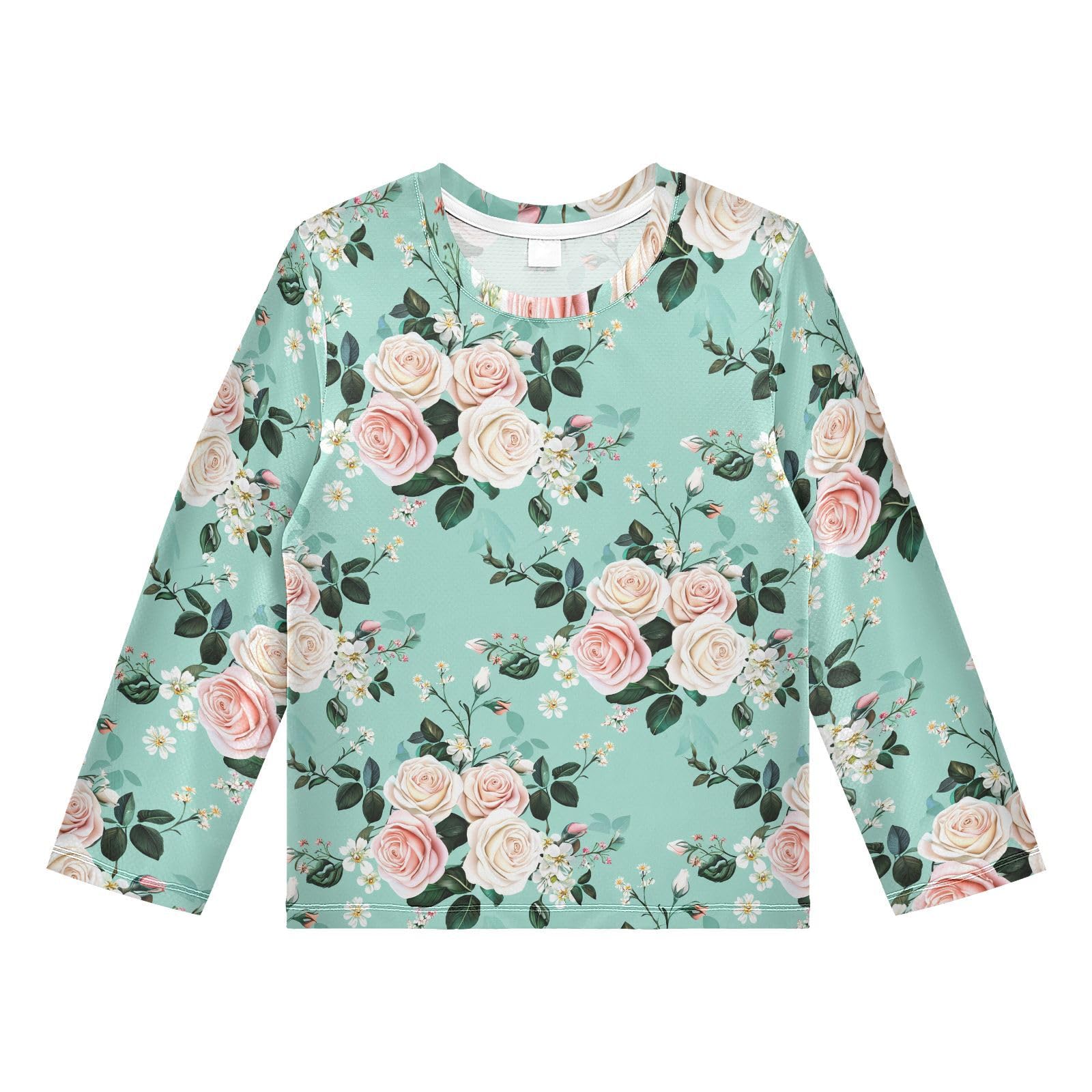 DOMIKING Rose Blossom Floral Aquamarine Boys Long Sleeve Rashguard Shirt Kids Quick Dry Swim Shirt for Beach Pool Sport 11-12T