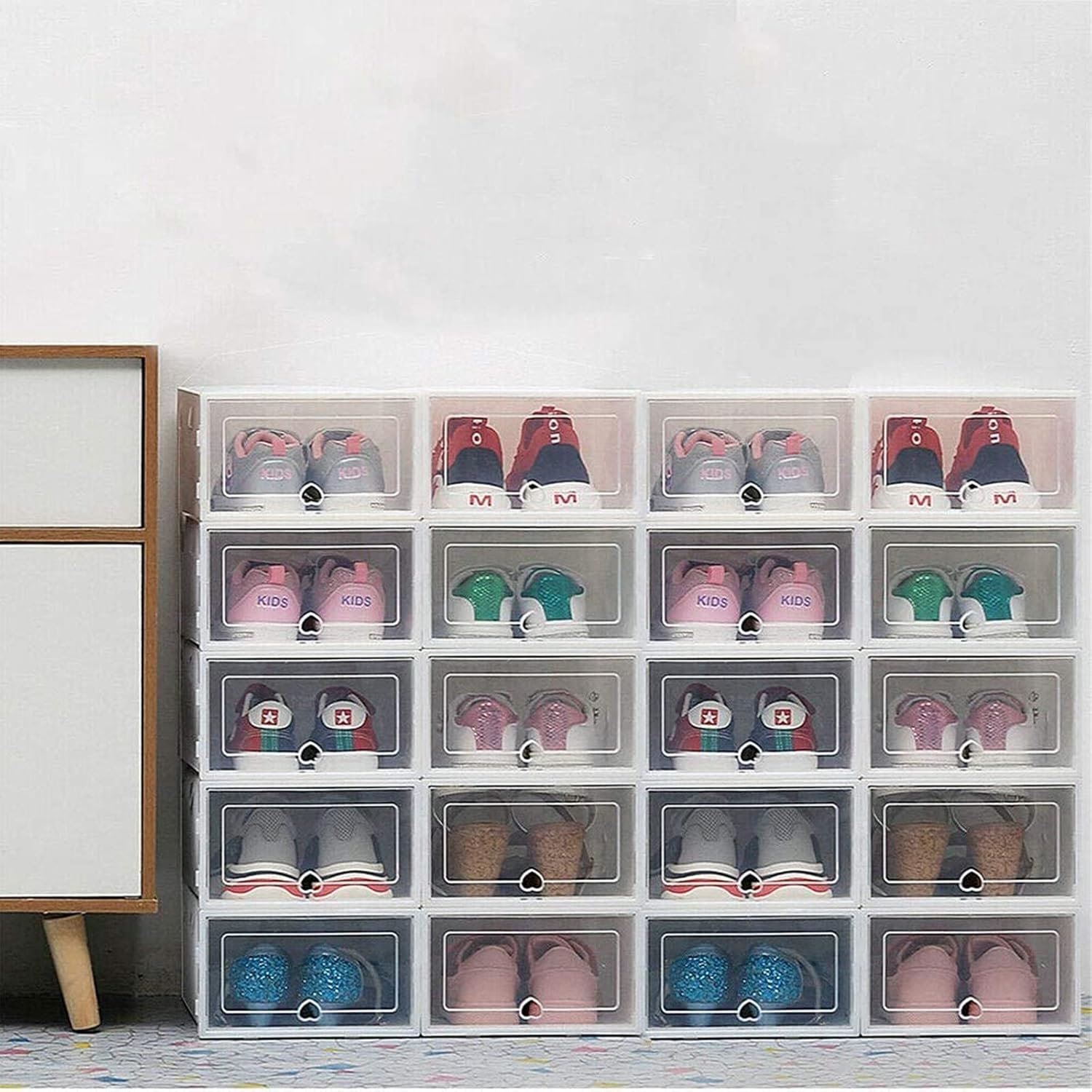 Caja de almacenamiento de zapatos de 20 piezas, apilable, organizador de zapatos de plástico transparente, caja de zapatos plegable y versátil