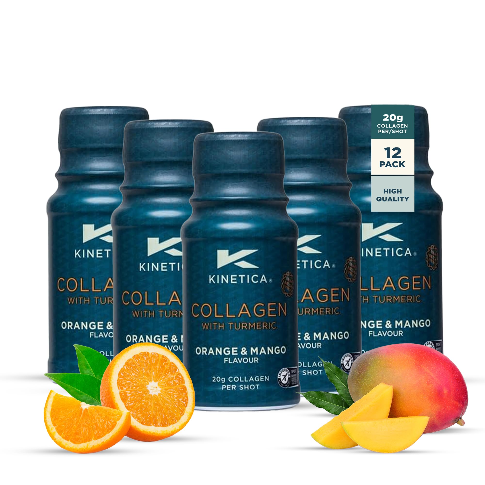 Sports Collagen Shots with Turmeric - Orange & Mango Flavour | 20,000mg Bovine Collagen/Shot, 12 Shots/Pack | Contains 50mg Vitamin C | Beneficial for Joint, Ligament, Muscle & Skin Health
