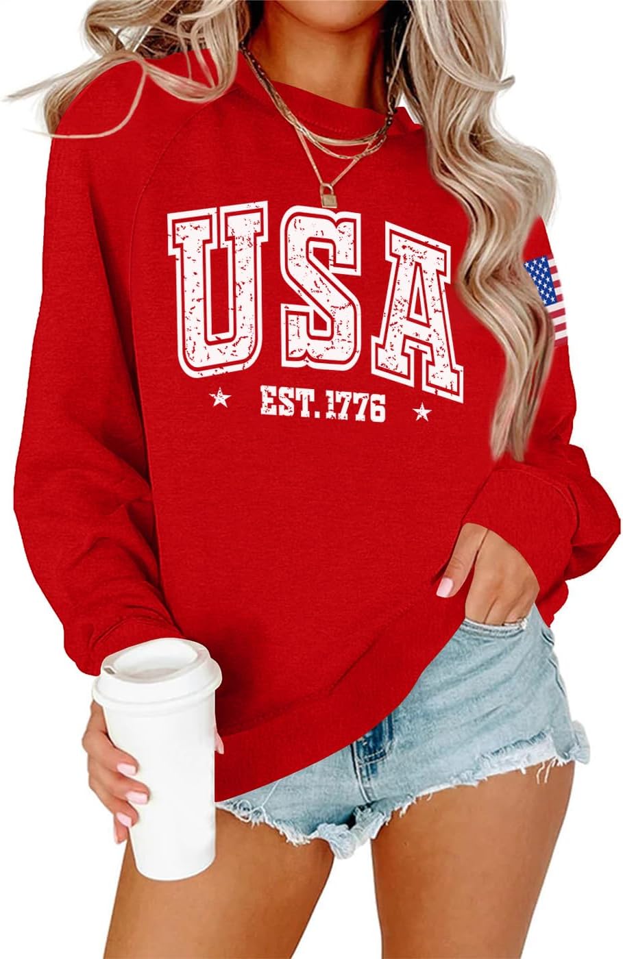 Lacozy Womens USA Sweatshirt Crewneck American Flag Sweater Long Sleeve 4th of july T shirts Loose Fit Pullover Tops Fall