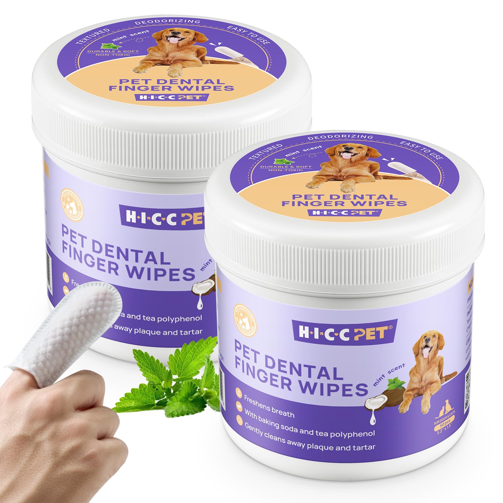 HICC PET Dental Finger Wipes for Dogs & Cats, Toothbrush-Free Plaque & Tartar Remover Wipes, Freshens Breath, Soothes Gums with Coconut Oil, Alcohol-Free & Safe to Lick