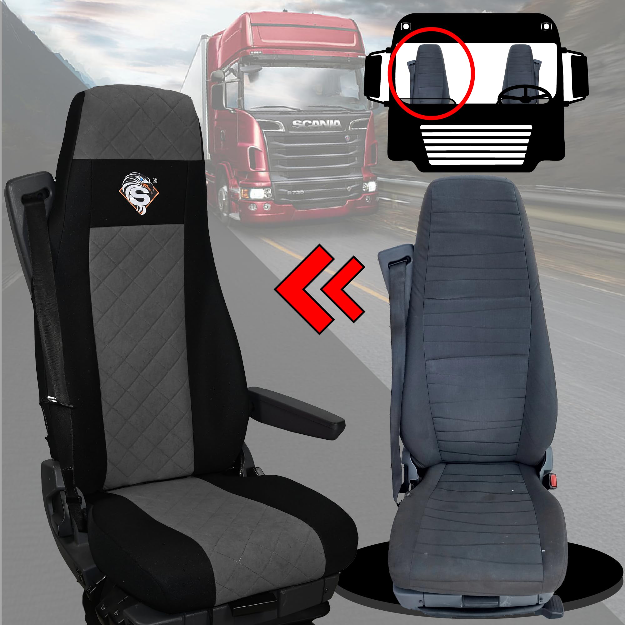 SABA Funda de Asiento para Scania Serie R Desde 2004, 1+1, Asiento del Pasajero, 2 Cinturones de Seguridad, Asiento del Conductor y Pasajero BÁSICO - CONFIGURACIÓN C Gris