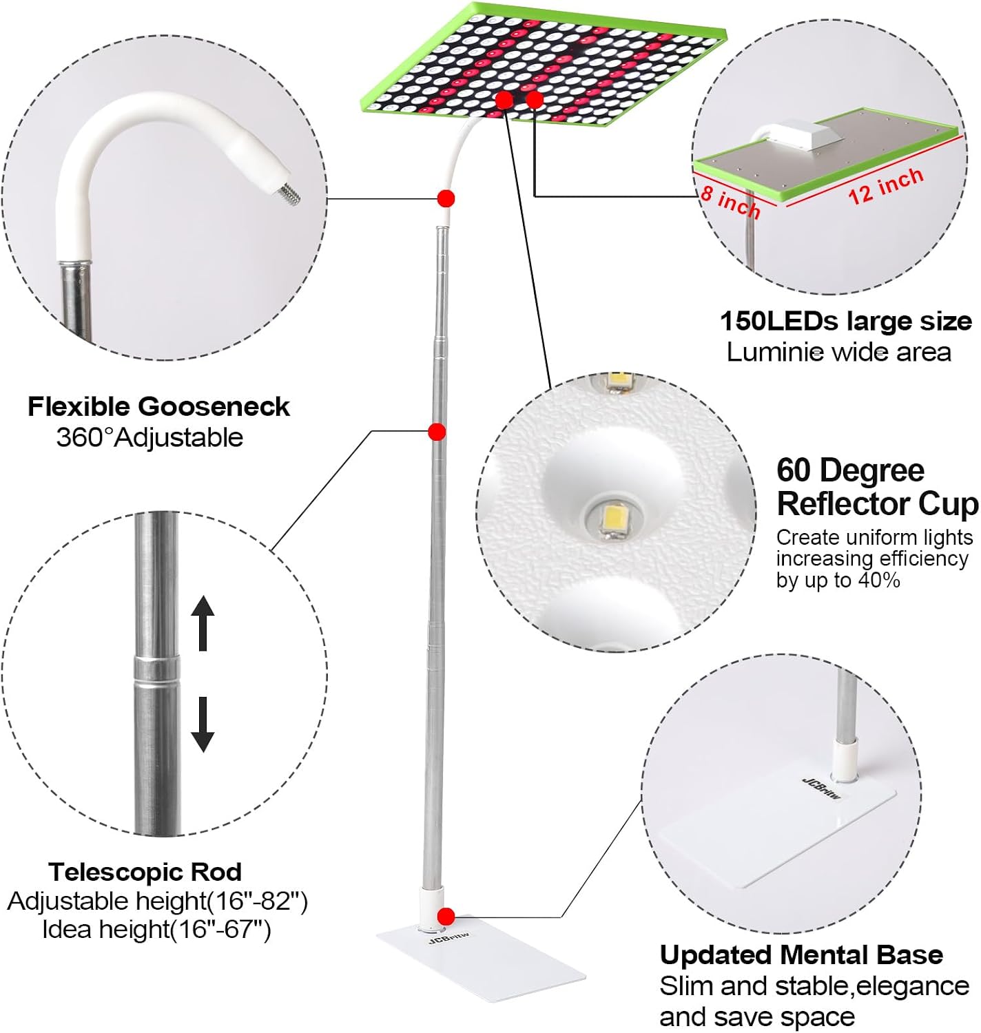 100W LED Grow Light on Stand for Indoor Plants Adjustable Floor Growing Lamp Desktop Standing Plant Lights White Full Spectrum with IR for Seed Starting, Seedlings, Veg, Flower