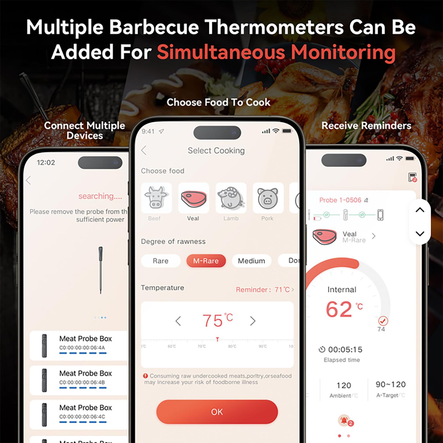 Küchenthermometer, kabellos, Bluetooth – Kochthermometer mit App Überwachung mit Timer und Alarm – IP67 wasserdicht und ölbeständig – Thermometer für BBQ, Grill, Smoker, Ofen