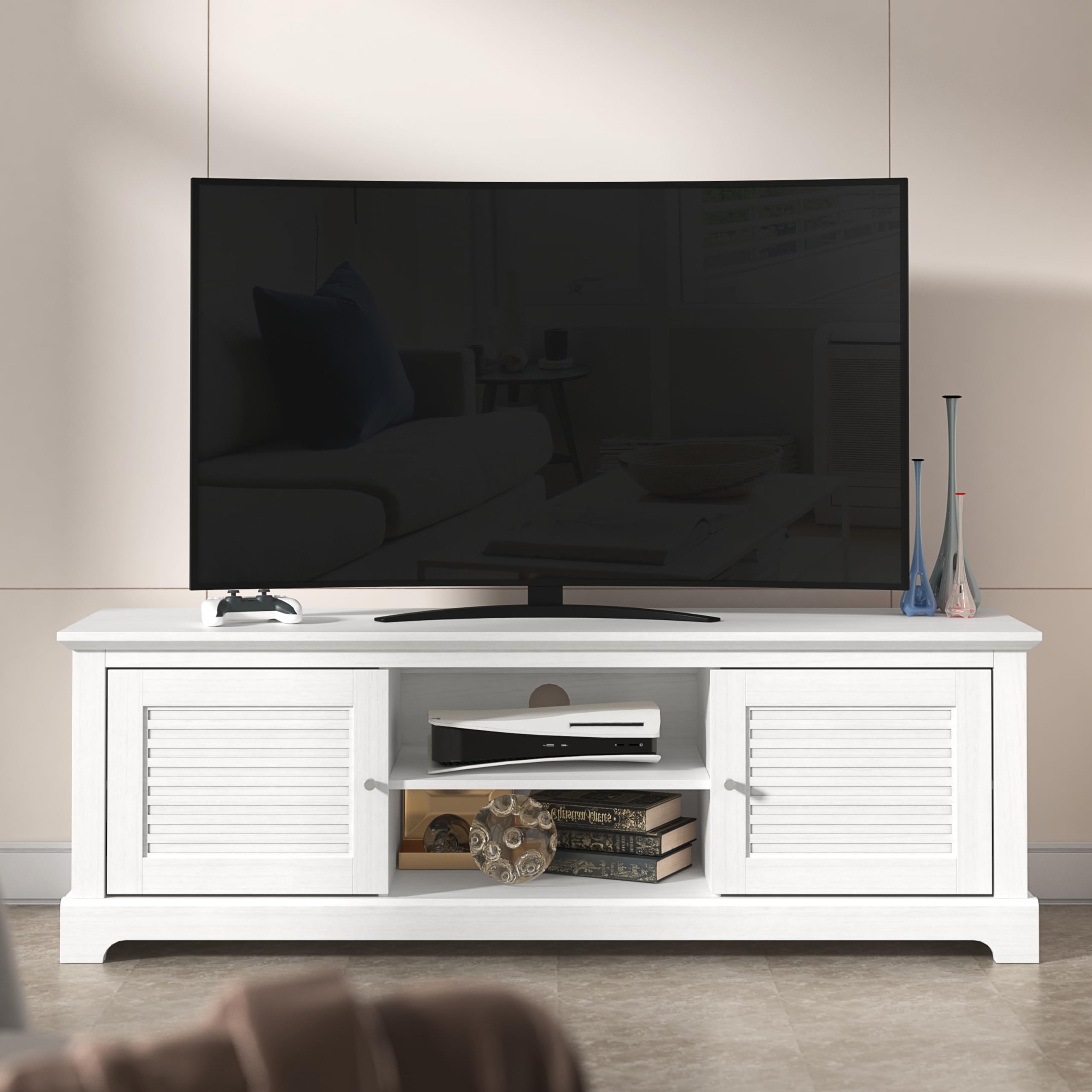 GFW Salcombe 2 Door TV Unit with 4 Drawers - White Engineered Wood - Modern Style