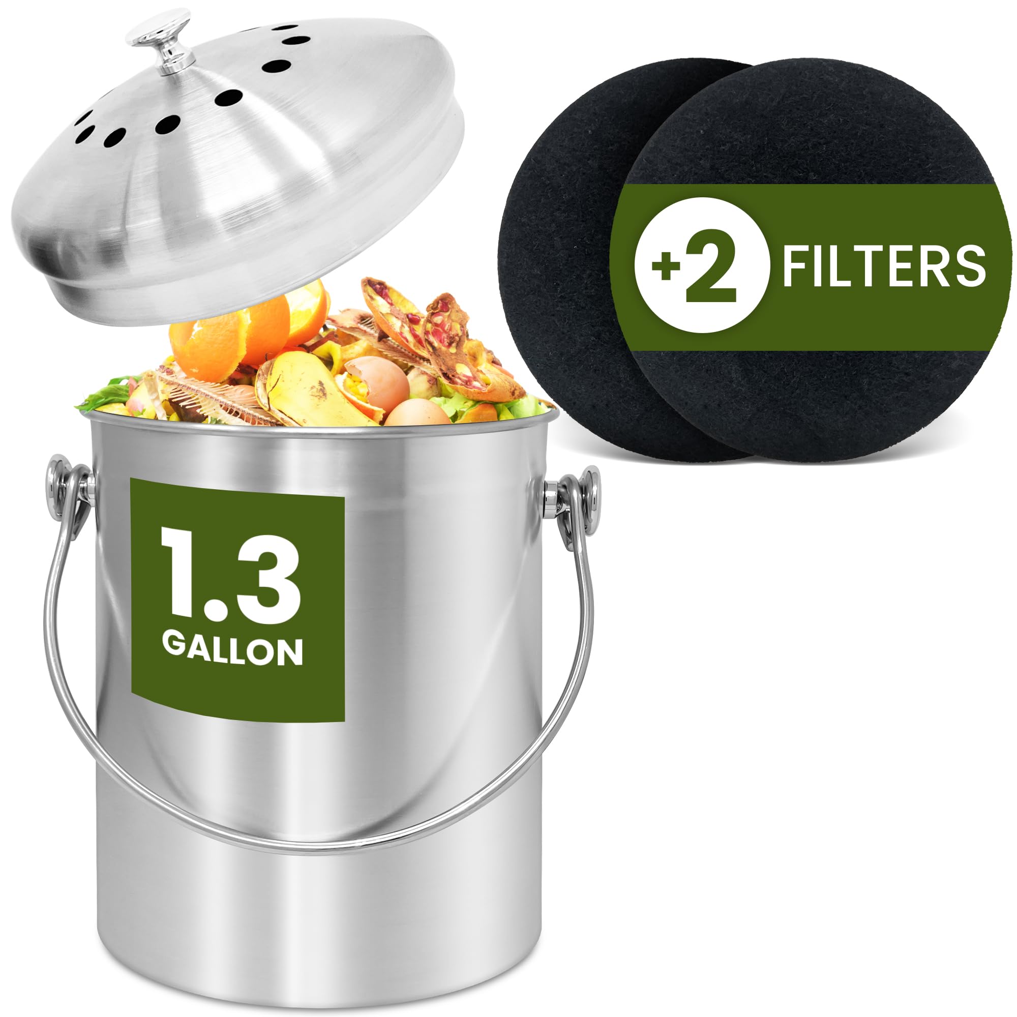 Reli. 1.3 Gallon Stainless Steel Compost Bin for Kitchen | Charcoal Filters