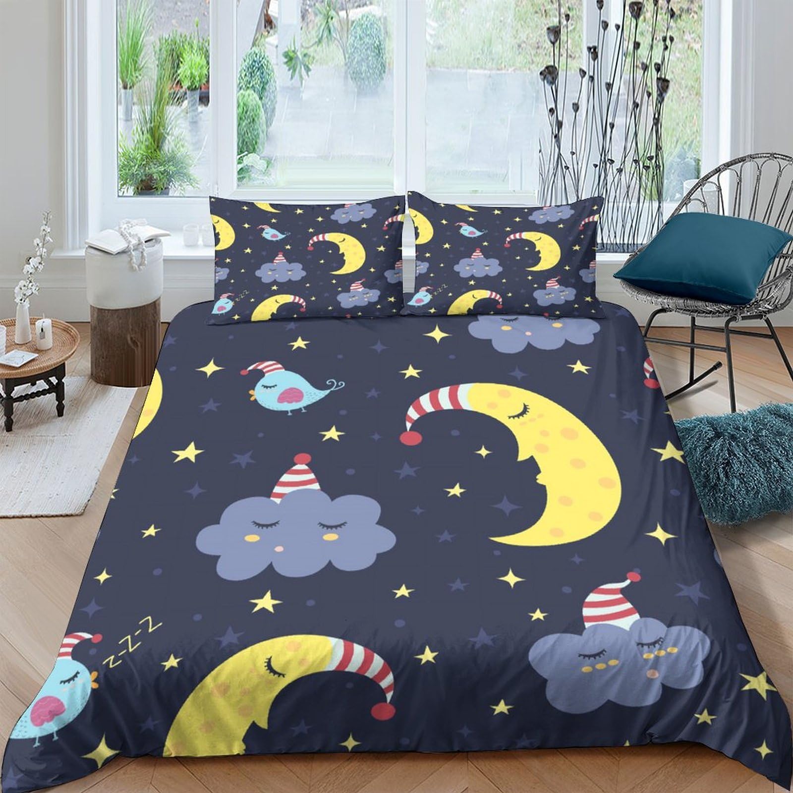 Ctjqhvkz Style-10 3D Printed Moon And Cloud Fitted Sheet Microfiber Dark Blue Cartoon Star Mattress Cover For Bedroom Dorm Sofa Decor Single（135X200cm）