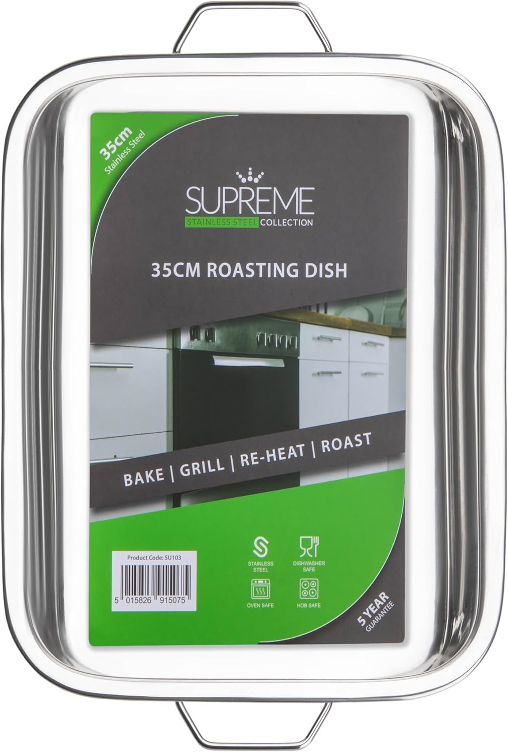 Stainless Steel Roasting Pan with Raised Bottom – 35cm Extra-Large Roaster & Baking Tray, Oven Safe, Reinforced Rim, Even Heat Distribution, Ideal for Meats & Vegetables, Dishwasher Safe