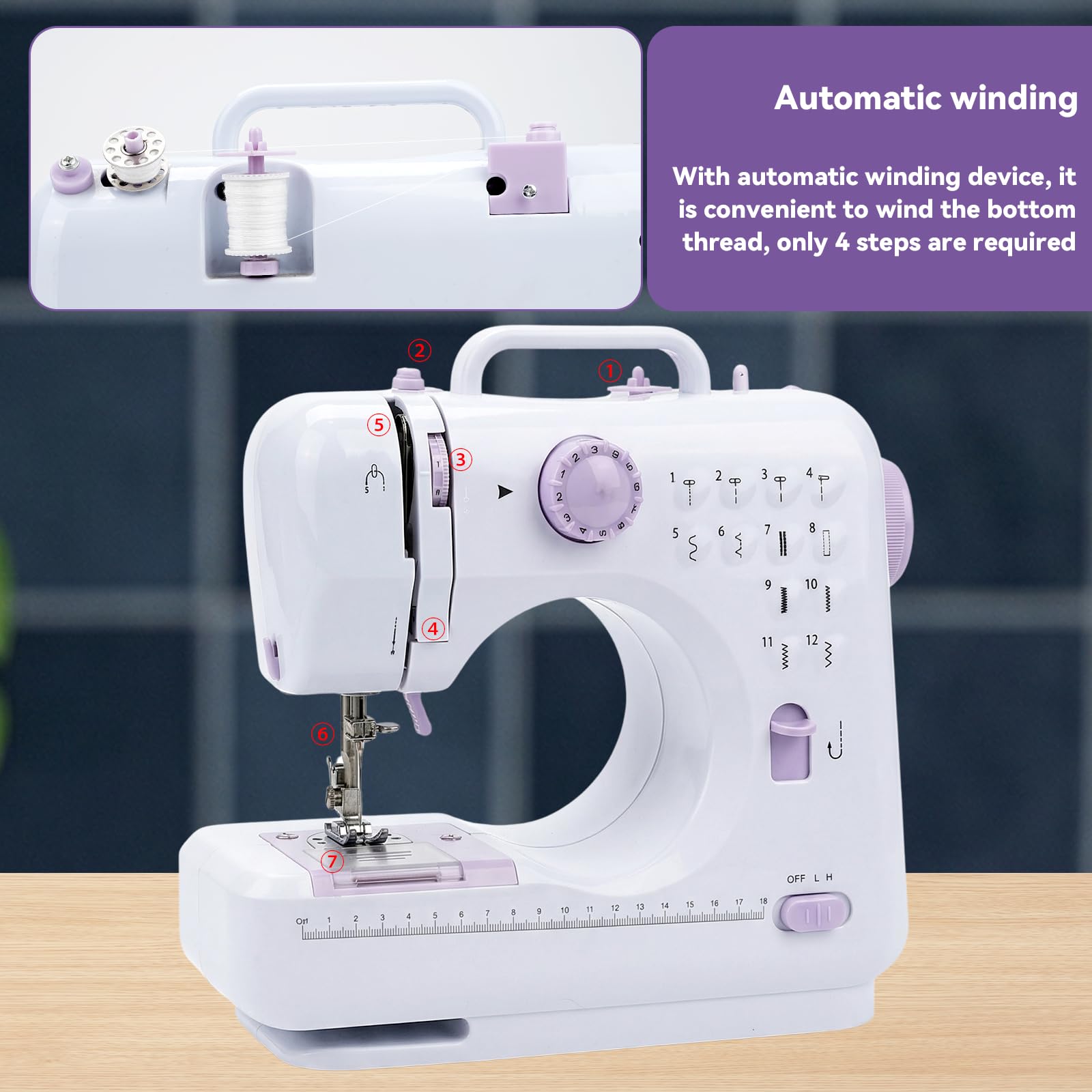 Máquina de coser eléctrica púrpura con mesa de extensión, juego de 11 prensatelas y kit de costura de 97 piezas, pedal de 2 velocidades, ideal para principiantes, adultos, niños, uso doméstico