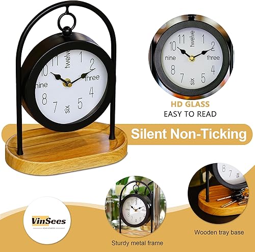 Miniatura 2 de Reloj de escritorio de metal negro con base de madera, reloj de mesa decorativo para sala de estar, relojes de repisa silenciosos, decoración de
