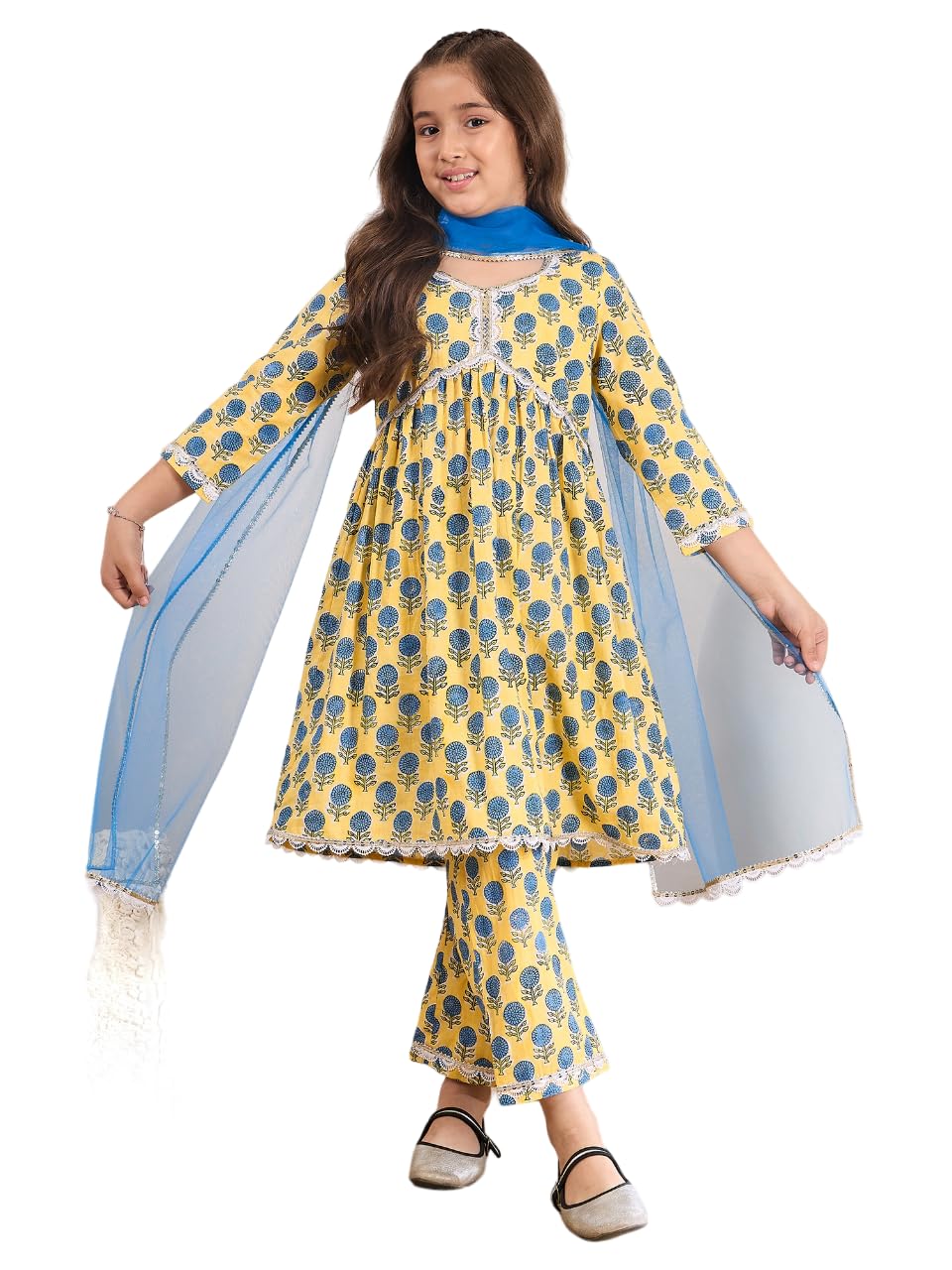 Pspeaches Girl's Cotton Regular 1 Kurta, 1 Pant (Ks-Bluesunflower-7-8Y_Yellow