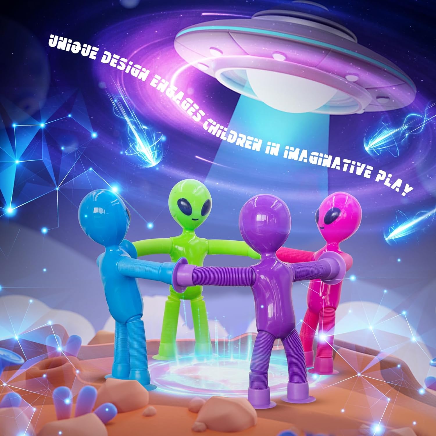Pop Tubes Alien Fidget Toys for Kids, 4Pack Fidget Toys Telescopic Suction Cup Toy for Stress and Anxiety Relief, Easter Basket Stuffers Gifts for Kids and Toddlers (4 Pack Alien)