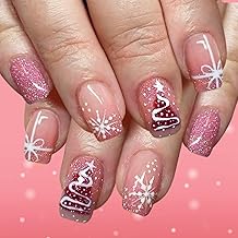 Pink Glitter Press on Nails Short, 24Pcs Christmas French Tip False Nails with Glue, Square Fake Nails with Snowflake Xmas Tree Design, Full Cover Nail Art Stick on Nails for Women