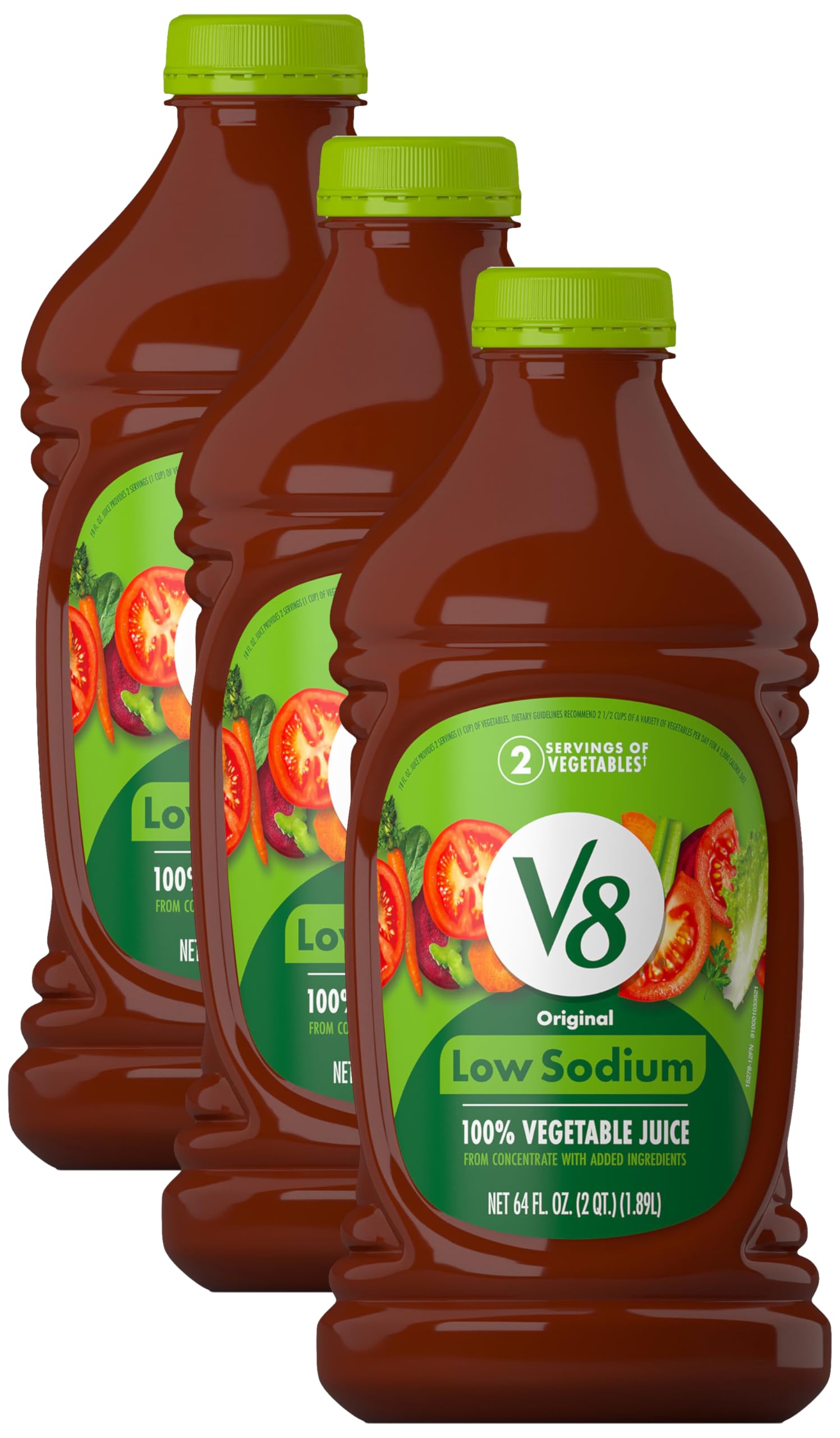 V8 Low Sodium Original 100% Vegetable Juice, 64 fl oz Bottle (Pack of 3)