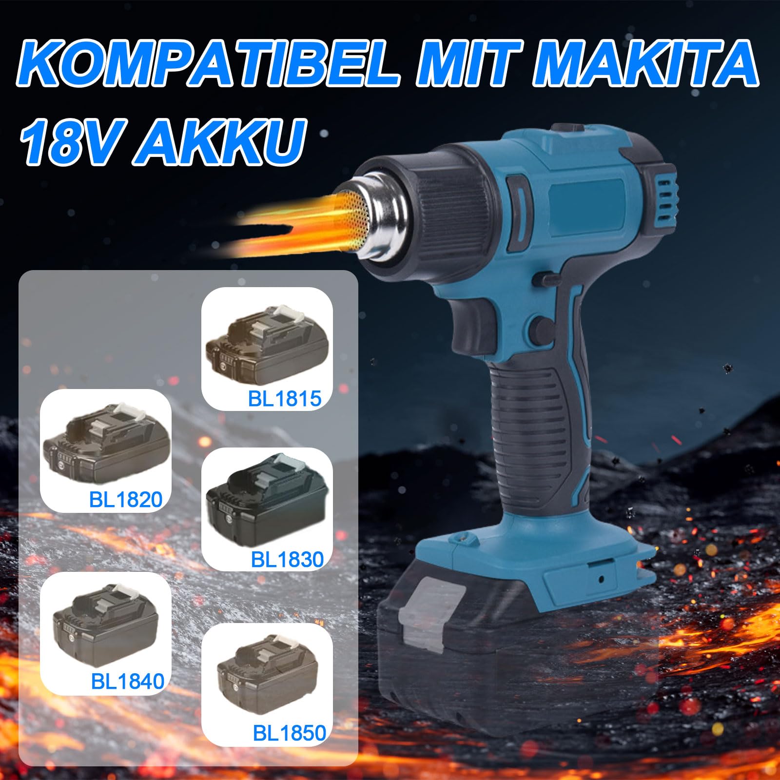 Pistola termica a batteria compatibile con batteria Makita da 18 V, con regolazione del volume d'aria a 2 livelli, temperatura fino a 550 °C e 7 ugelli per saldatura, piegatura di tubi (senza batterie