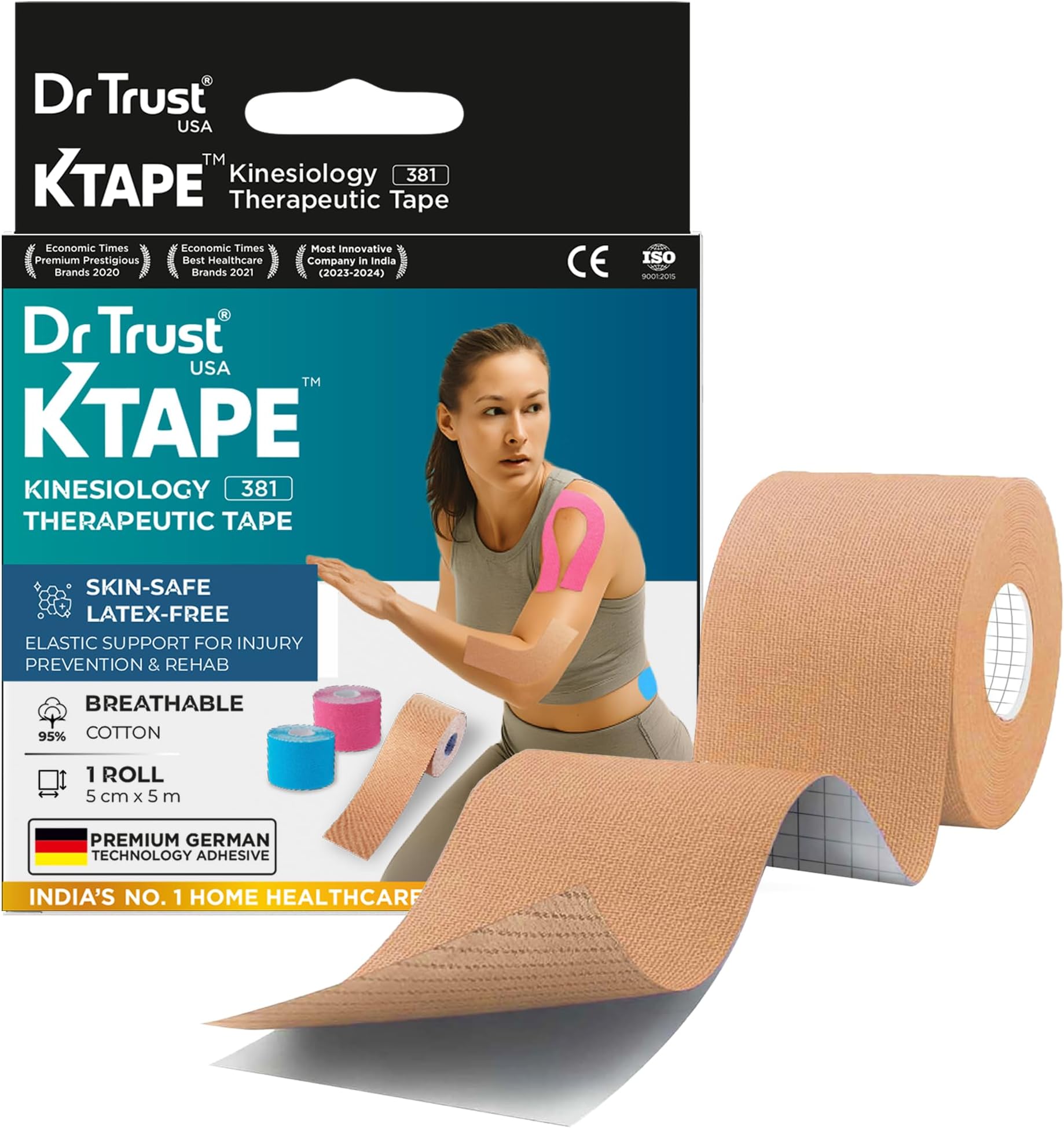 USA Kinesiology Tape For Sports Injury, Muscles Pain Relief, Waterproof Athletic Ktape For Arms, Knee, Shoulder, Legs, Ankle, Adhesive Compression Bandage 5 m X 5 cm (Beige)
