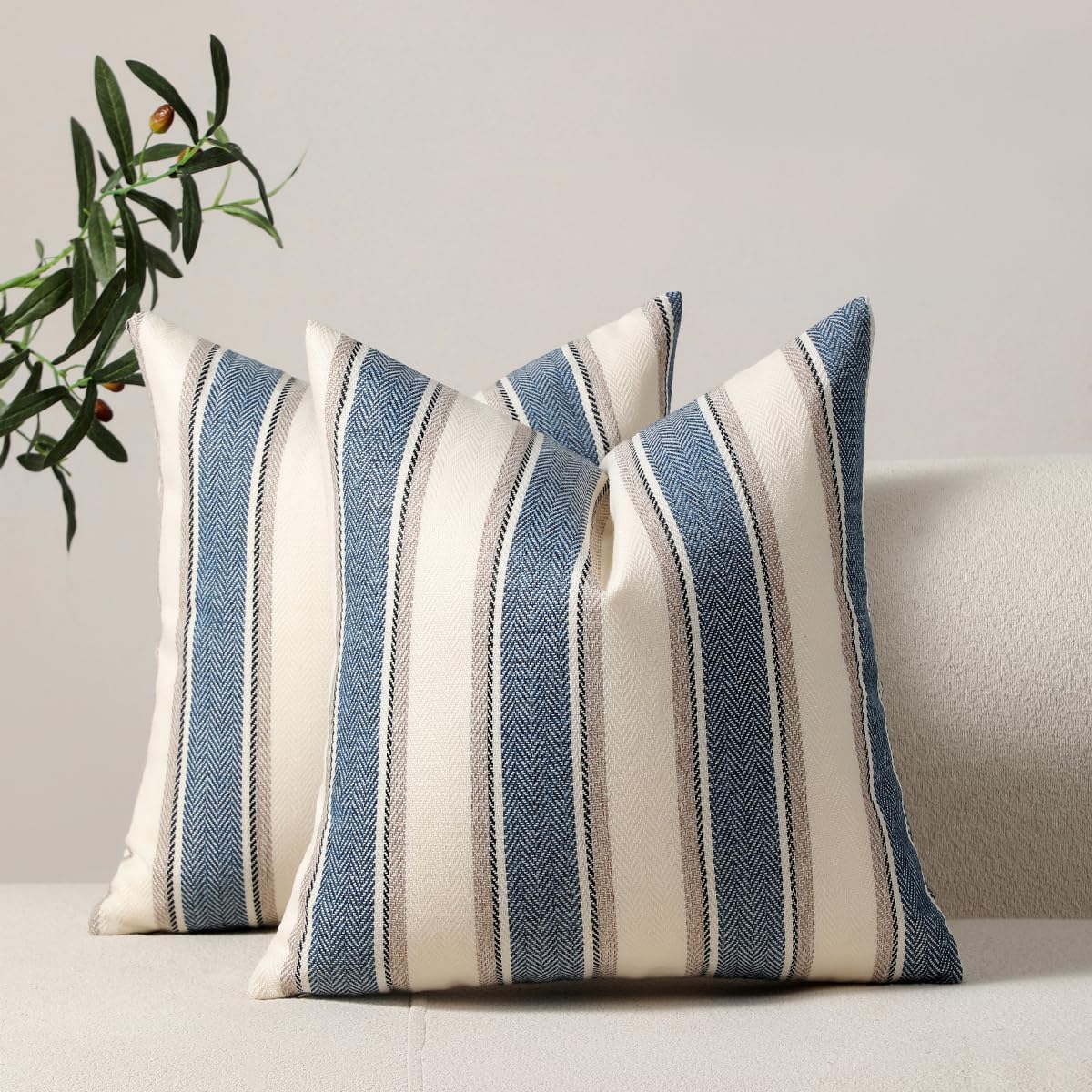 Confezione da 2 federe per cuscini in cotone, 45 x 45 cm, decorative, a righe blu, stile bohémien, morbide, con cerniera invisibile, per divano, letto, soggiorno, decorazione per la casa