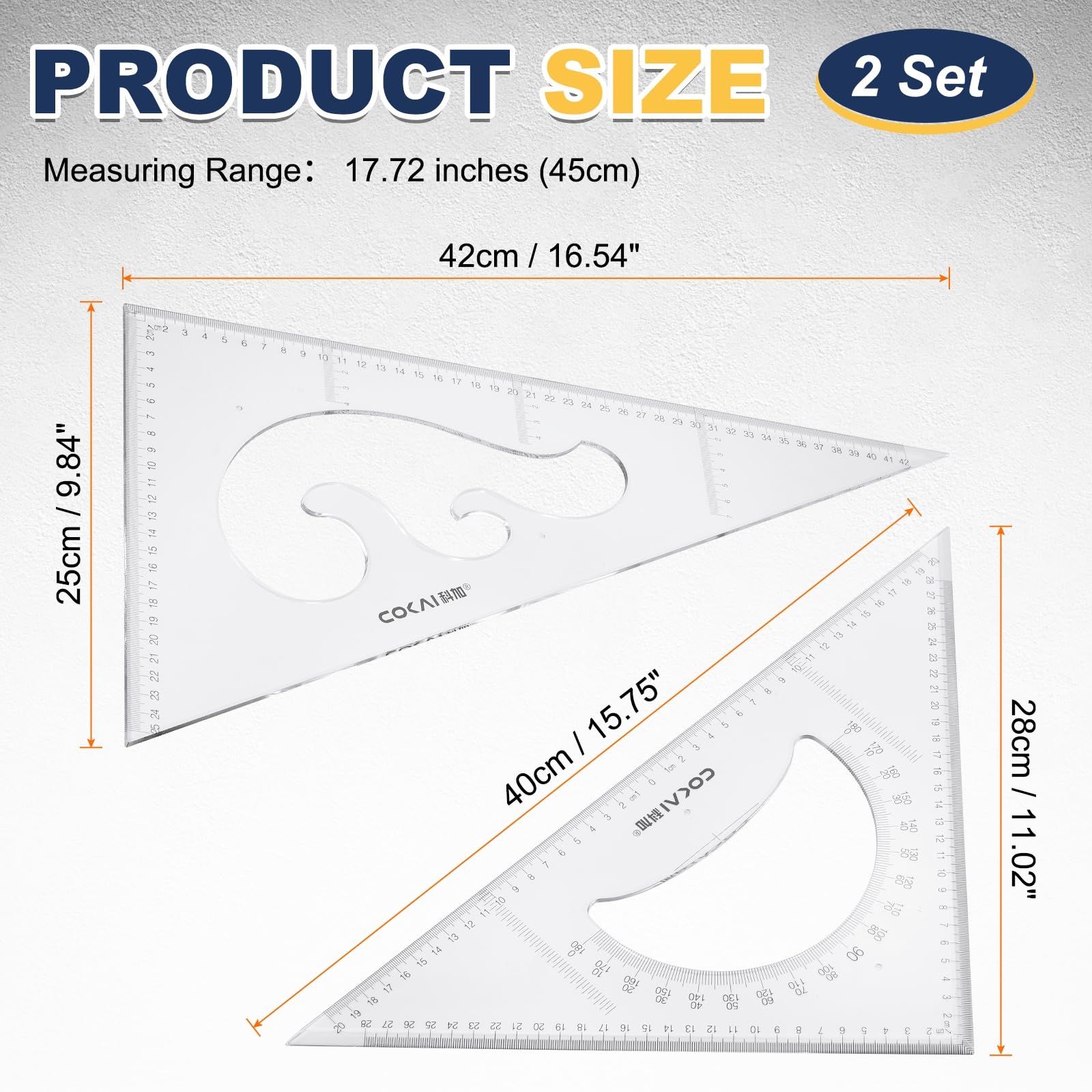 sourcing map Dreiecks-Lineal-Set, 45 cm, PP, klare Skala, hohles Lineal, 30/60 und 45/90 Grad, für Zeichnen, Quilten, Zeichnen, Zeichenwerkzeug, Klassenzimmer, Büro, 2 Stück