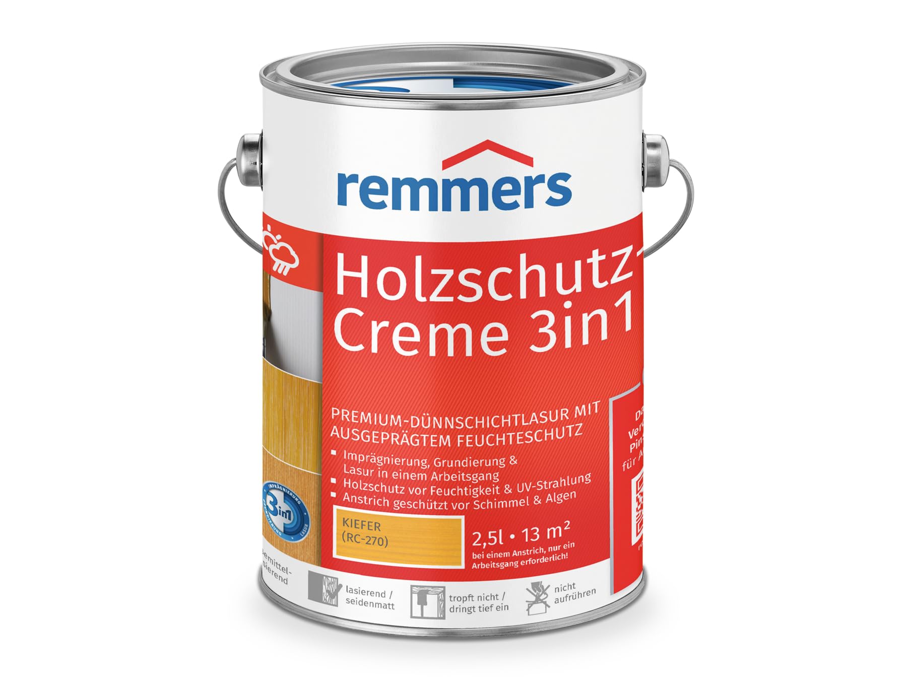 Remmers Krem ochronny do drewna 3 w 1, sosna, 2,5 litra, bejca do drewna, do użytku na zewnątrz, potrójna ochrona drewna z impregnacją + gruntowaniem + lazurą